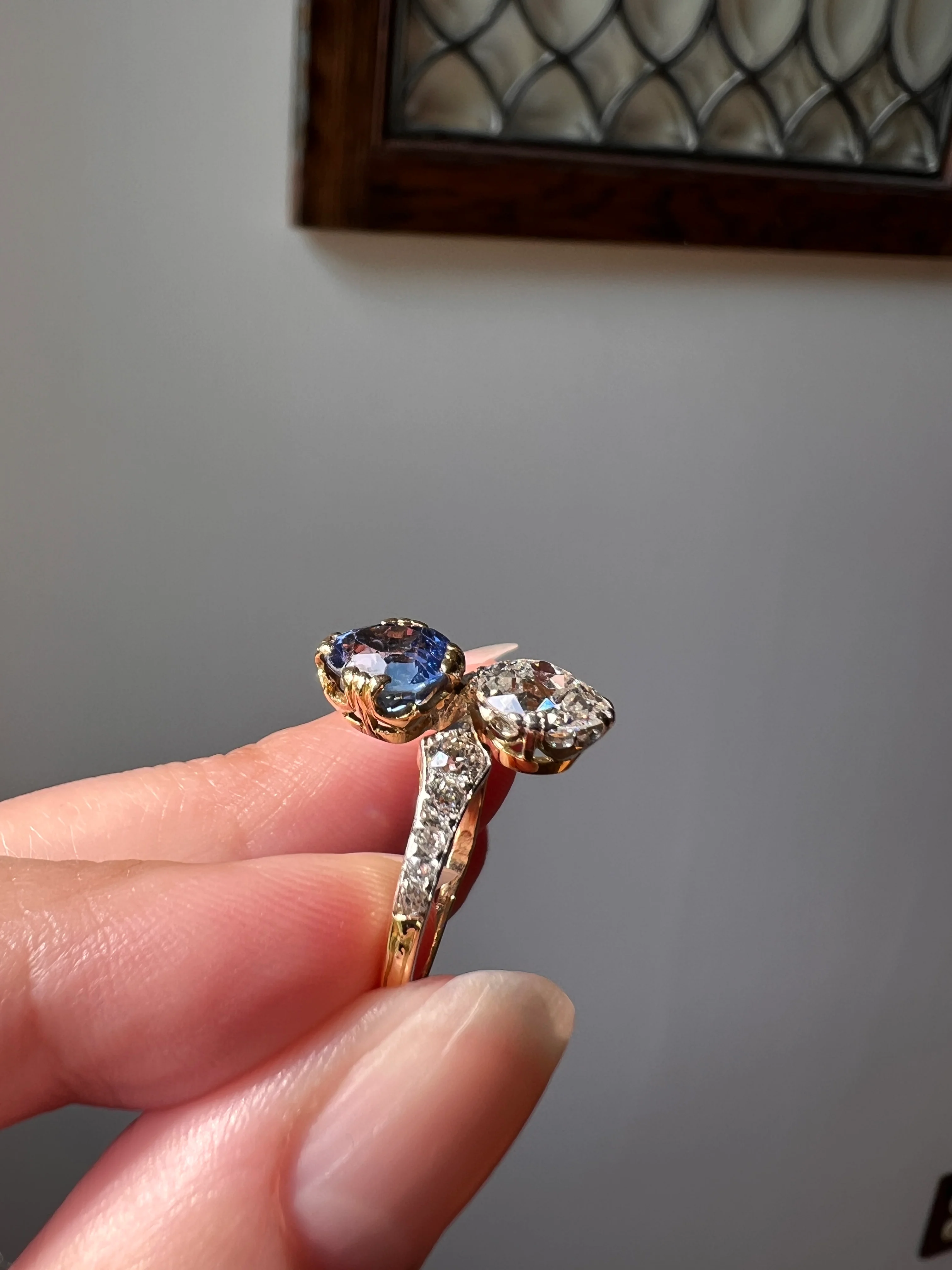 Antique No Heat PEAR Natural Ceylon SAPPHIRE Old Mine Cut DIAMOND Toi et Moi Ring 1 Carat Tdw French 18k Gold Platinum Ring - Image 20