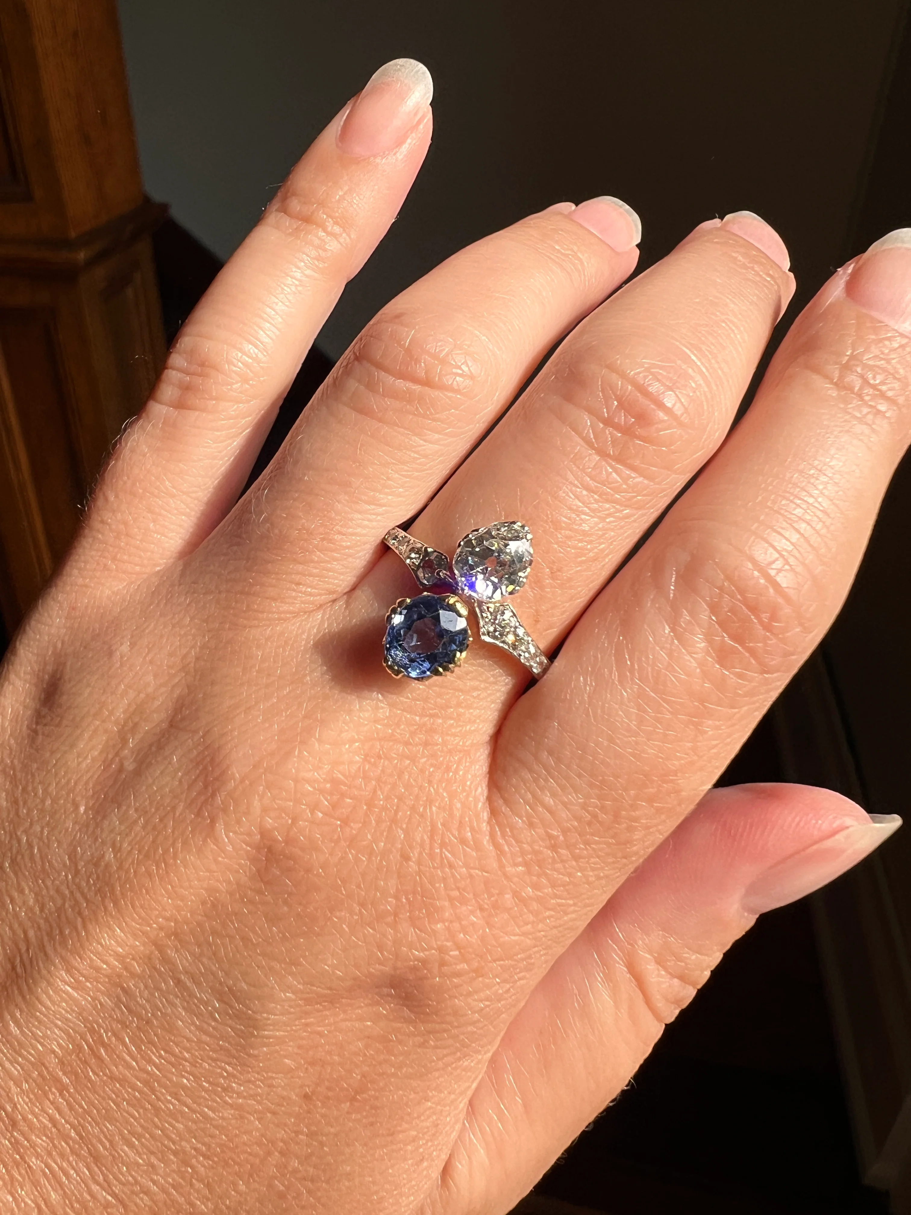 Antique No Heat PEAR Natural Ceylon SAPPHIRE Old Mine Cut DIAMOND Toi et Moi Ring 1 Carat Tdw French 18k Gold Platinum Ring - Image 21