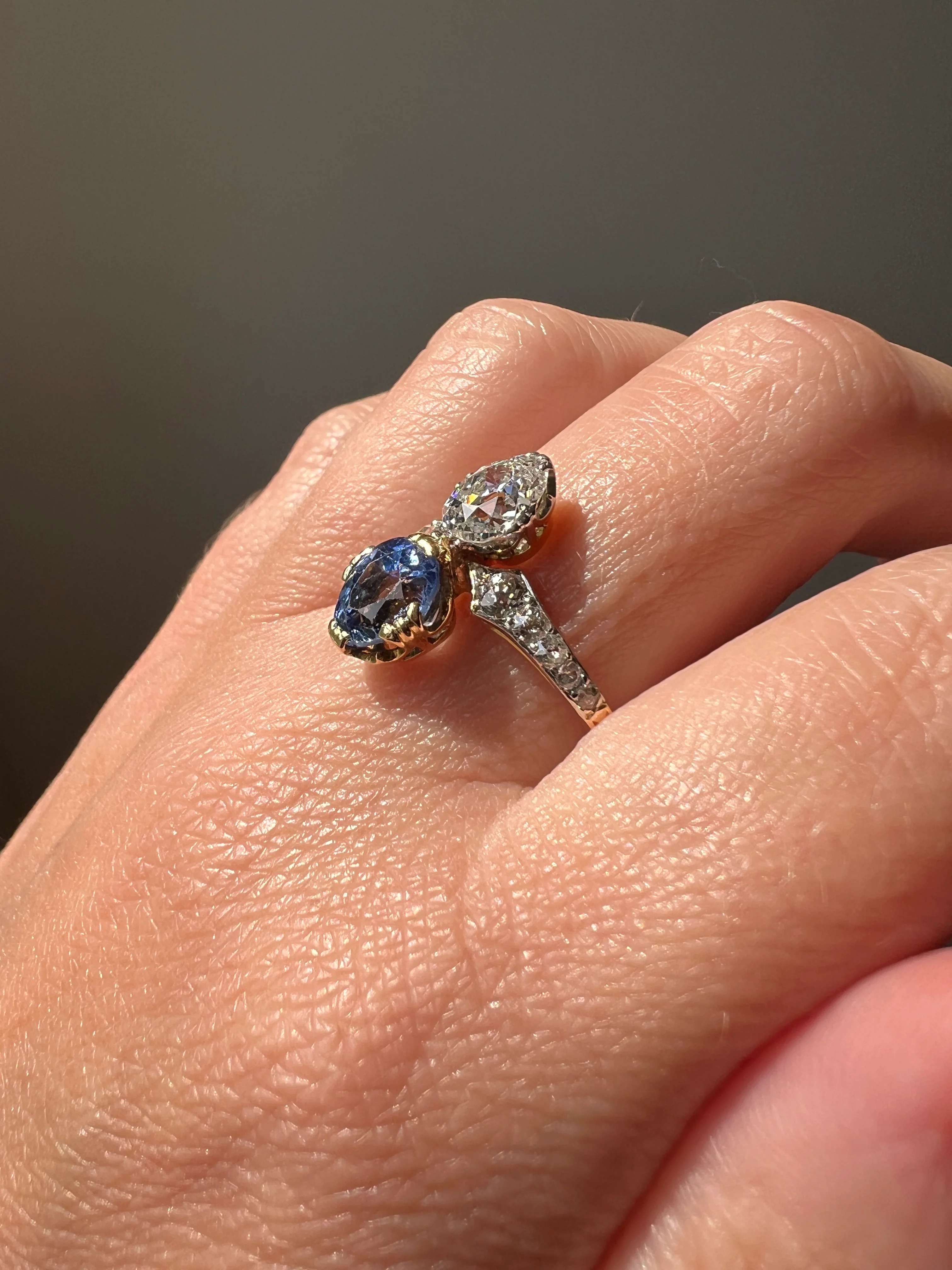 Antique No Heat PEAR Natural Ceylon SAPPHIRE Old Mine Cut DIAMOND Toi et Moi Ring 1 Carat Tdw French 18k Gold Platinum Ring - Image 22
