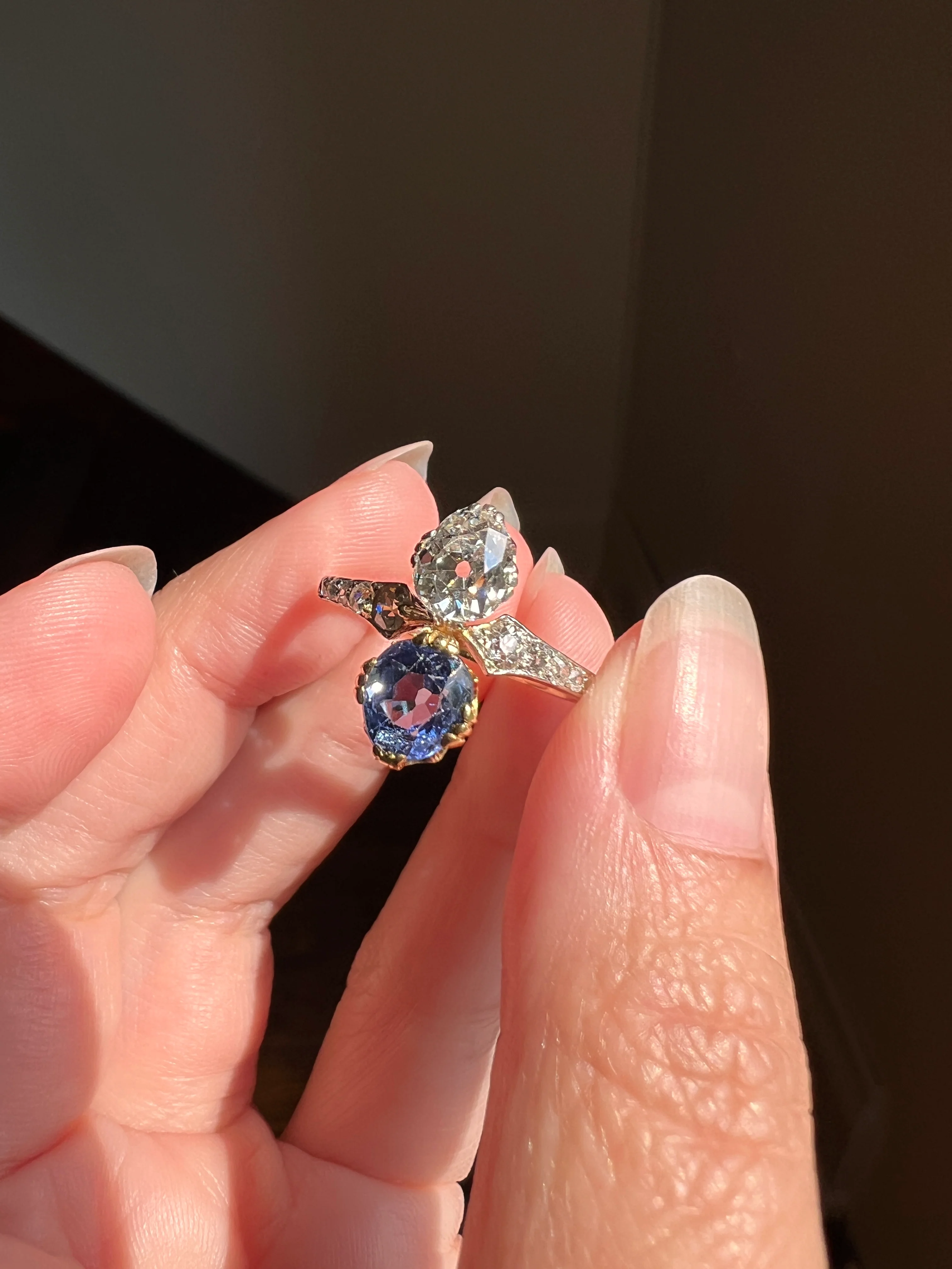 Antique No Heat PEAR Natural Ceylon SAPPHIRE Old Mine Cut DIAMOND Toi et Moi Ring 1 Carat Tdw French 18k Gold Platinum Ring - Image 23
