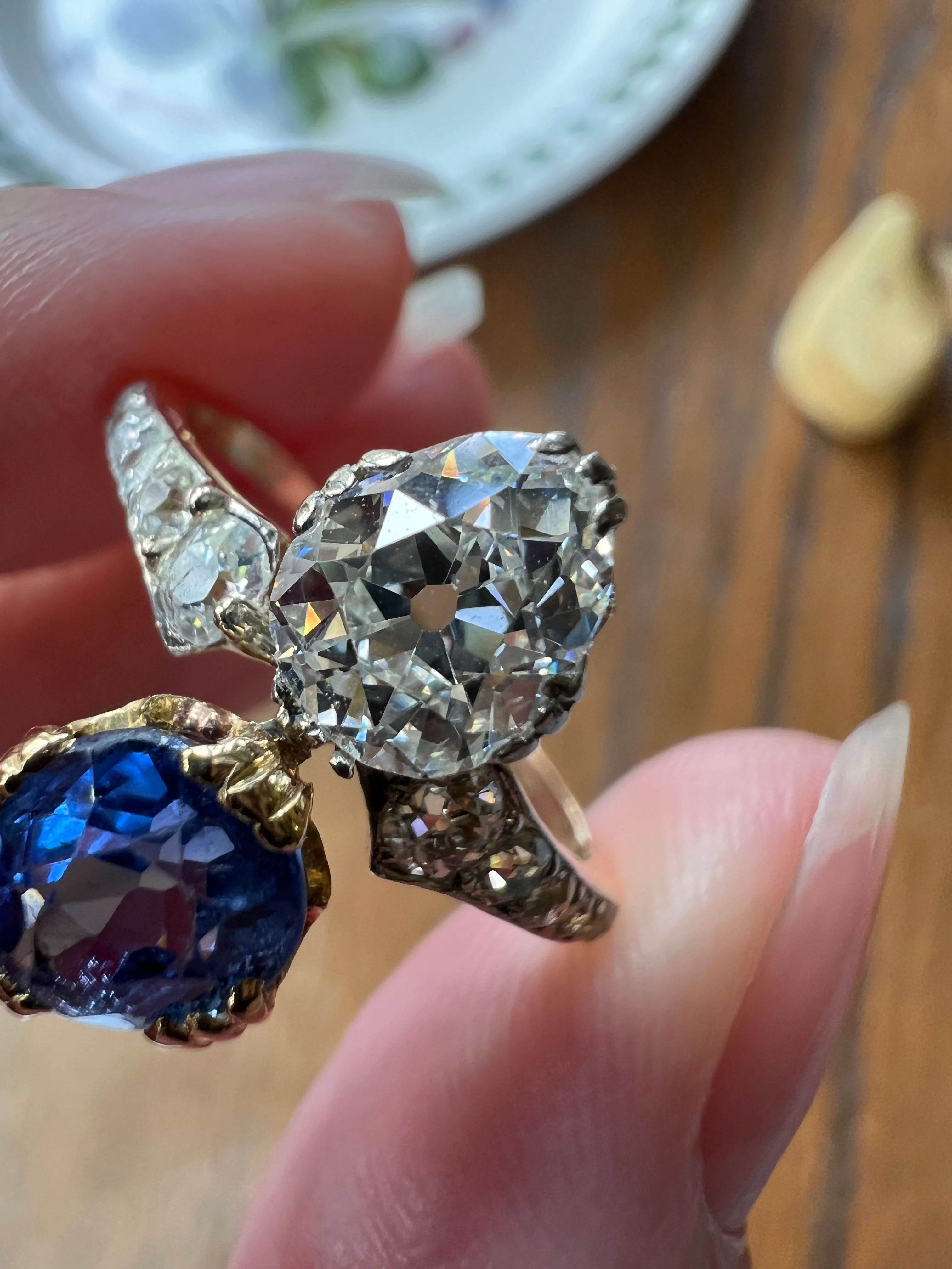 Antique No Heat PEAR Natural Ceylon SAPPHIRE Old Mine Cut DIAMOND Toi et Moi Ring 1 Carat Tdw French 18k Gold Platinum Ring - Image 24