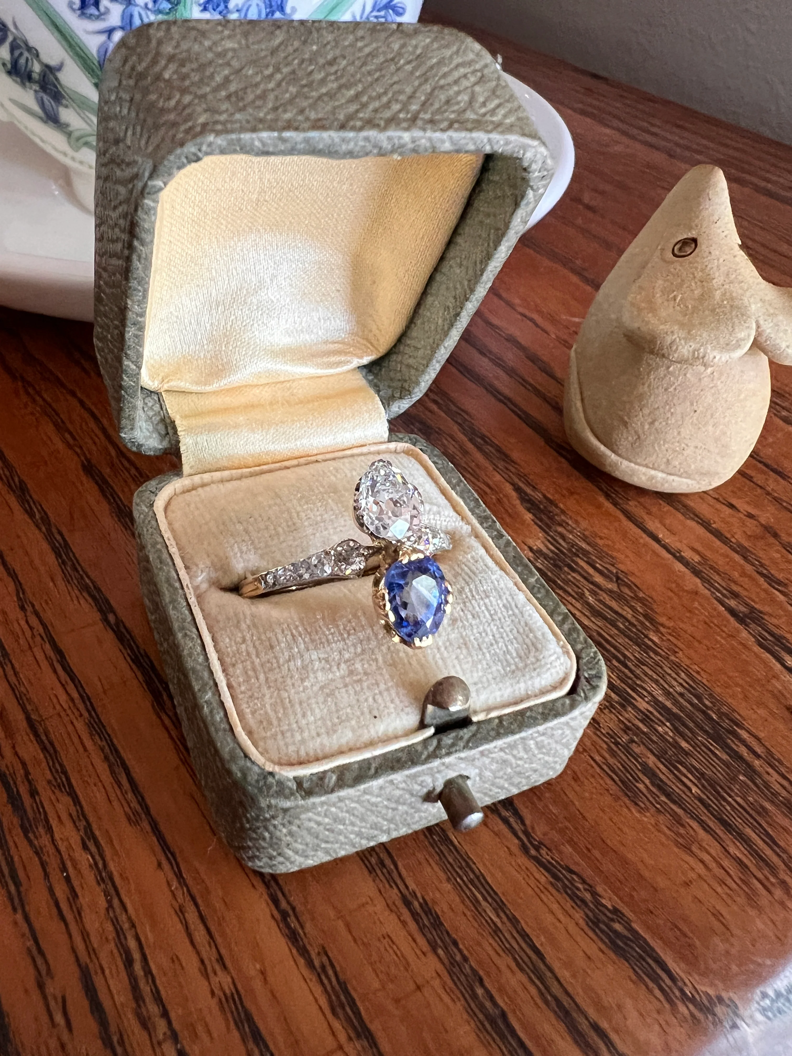 Antique No Heat PEAR Natural Ceylon SAPPHIRE Old Mine Cut DIAMOND Toi et Moi Ring 1 Carat Tdw French 18k Gold Platinum Ring - Image 25