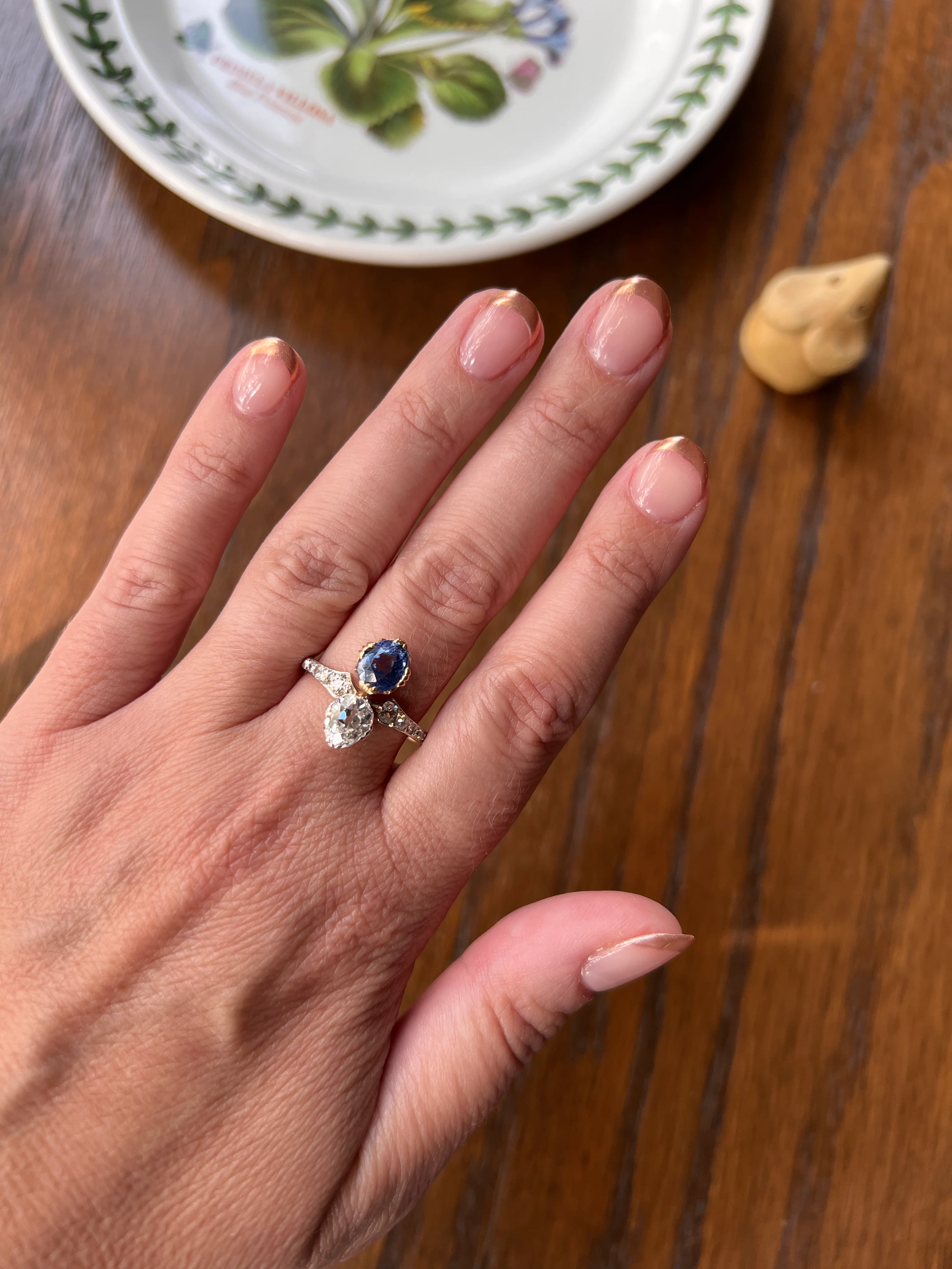 Antique No Heat PEAR Natural Ceylon SAPPHIRE Old Mine Cut DIAMOND Toi et Moi Ring 1 Carat Tdw French 18k Gold Platinum Ring - Image 26