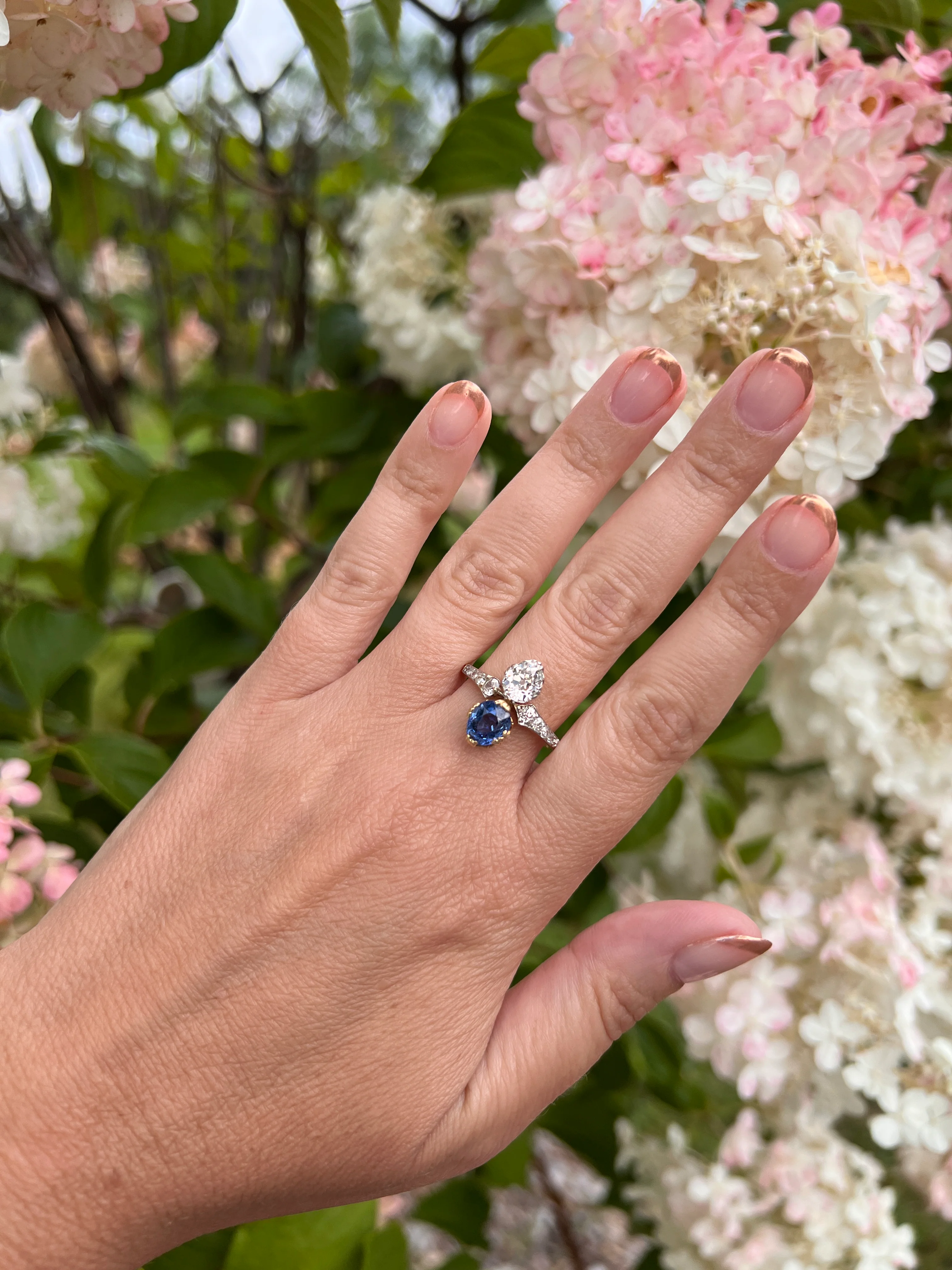 Antique No Heat PEAR Natural Ceylon SAPPHIRE Old Mine Cut DIAMOND Toi et Moi Ring 1 Carat Tdw French 18k Gold Platinum Ring - Image 27