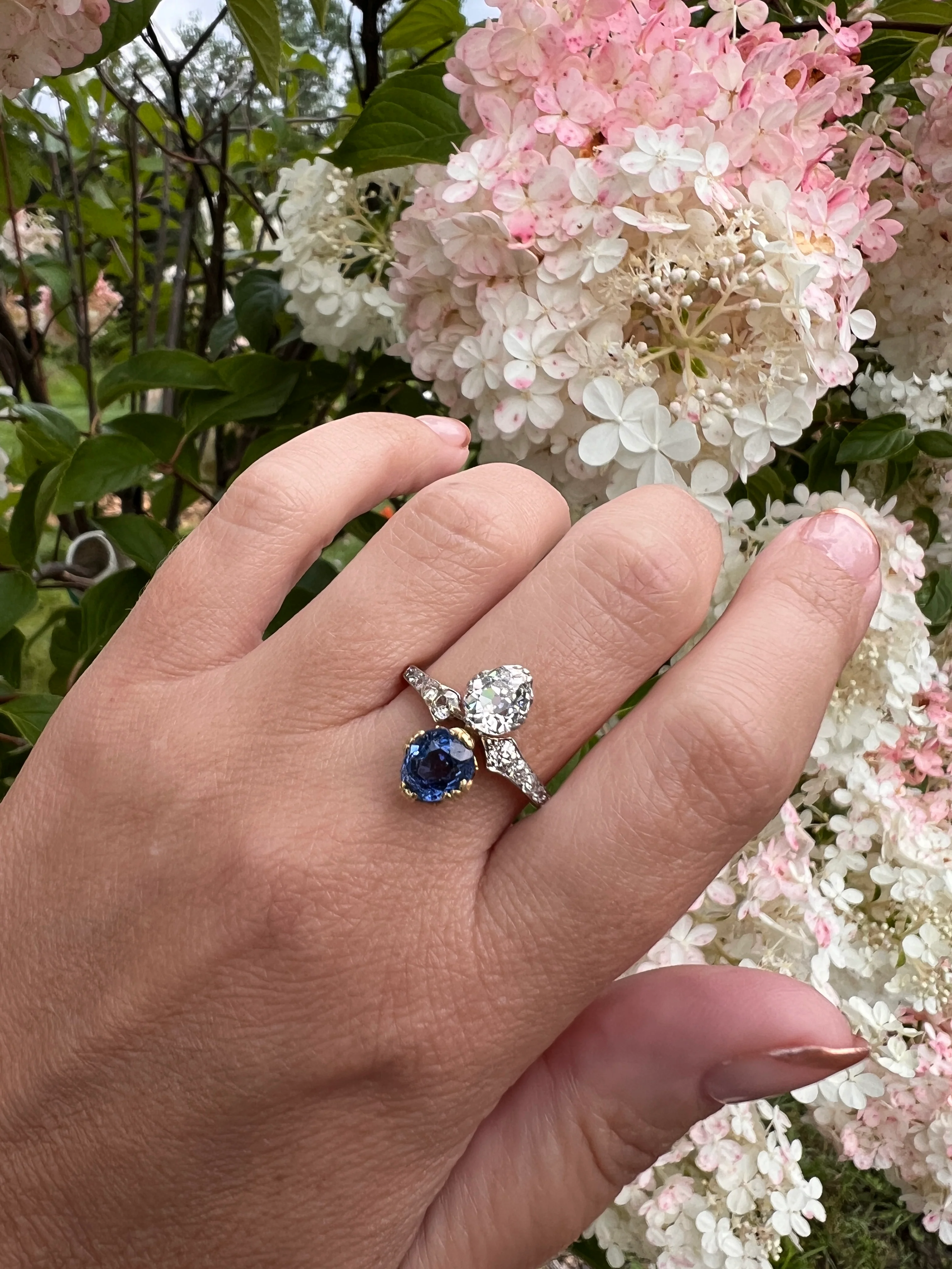 Antique No Heat PEAR Natural Ceylon SAPPHIRE Old Mine Cut DIAMOND Toi et Moi Ring 1 Carat Tdw French 18k Gold Platinum Ring - Image 28