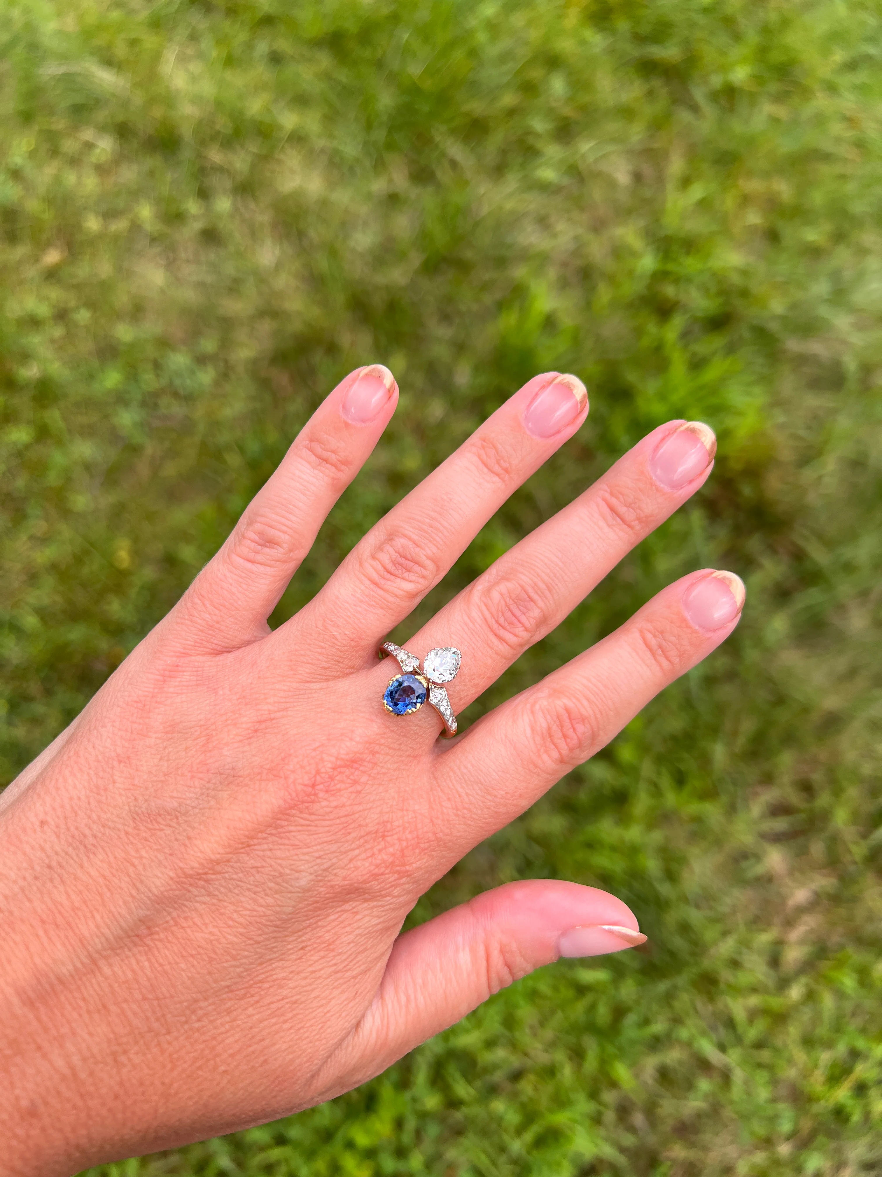 Antique No Heat PEAR Natural Ceylon SAPPHIRE Old Mine Cut DIAMOND Toi et Moi Ring 1 Carat Tdw French 18k Gold Platinum Ring - Image 29