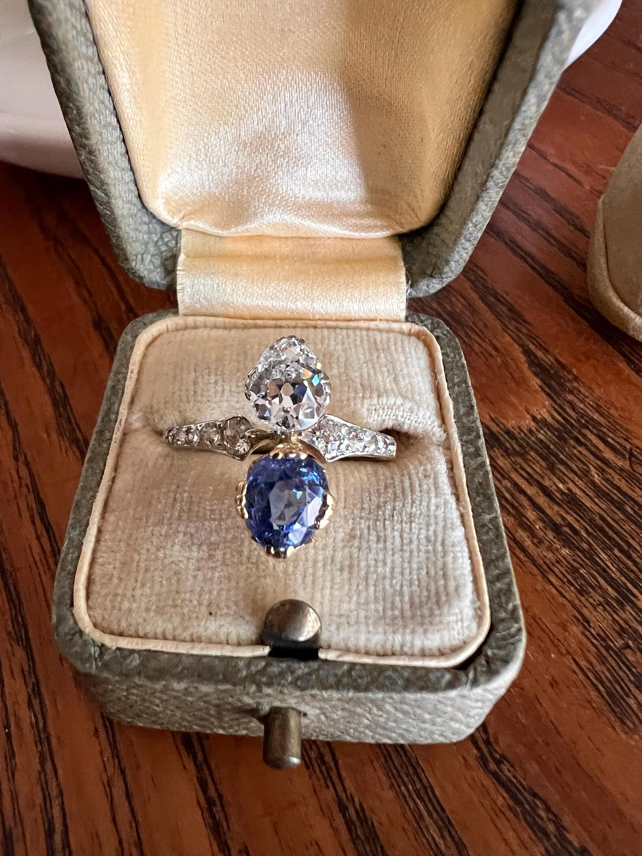 Antique No Heat PEAR Natural Ceylon SAPPHIRE Old Mine Cut DIAMOND Toi et Moi Ring 1 Carat Tdw French 18k Gold Platinum Ring - Image 3