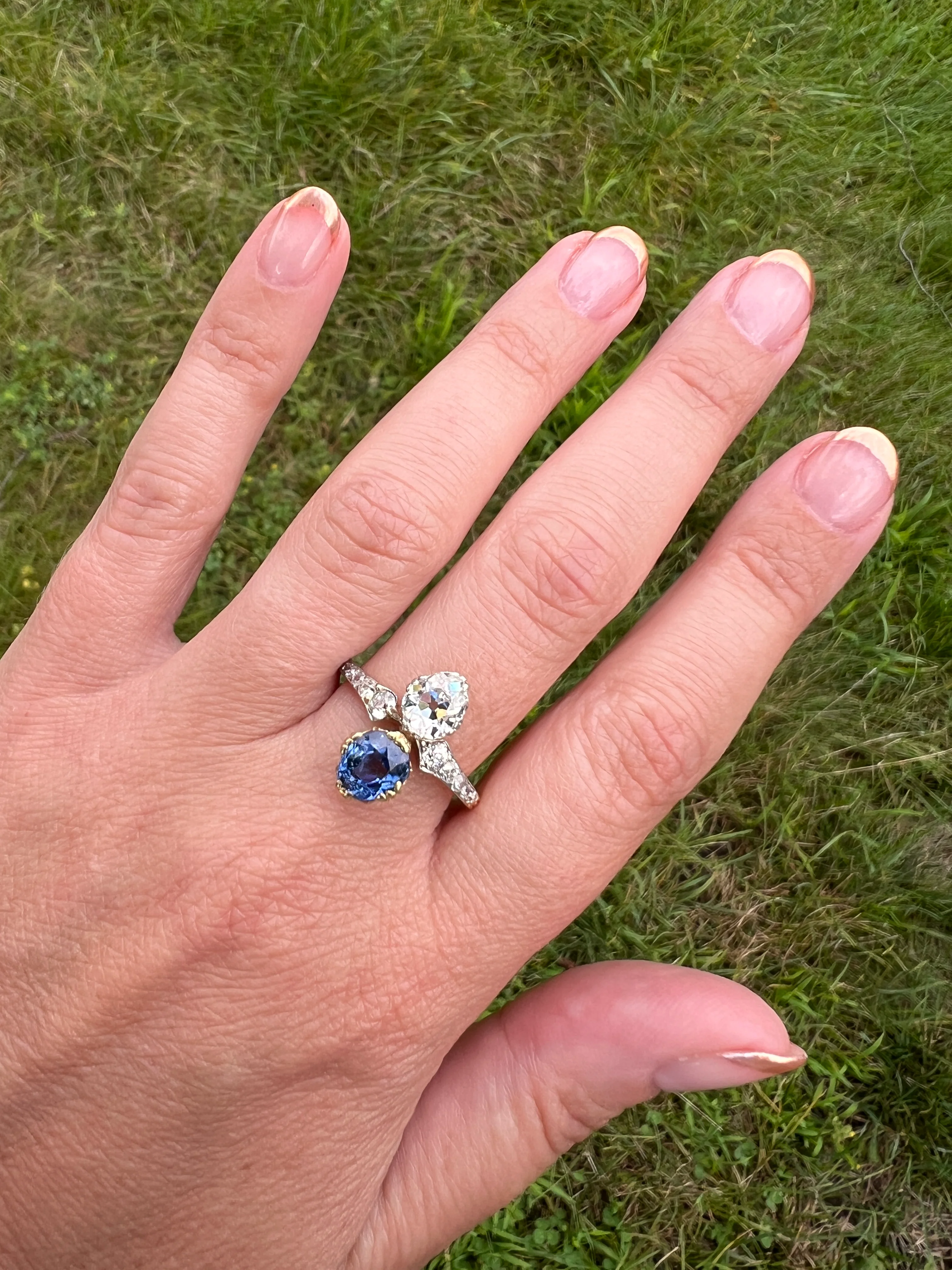 Antique No Heat PEAR Natural Ceylon SAPPHIRE Old Mine Cut DIAMOND Toi et Moi Ring 1 Carat Tdw French 18k Gold Platinum Ring - Image 30
