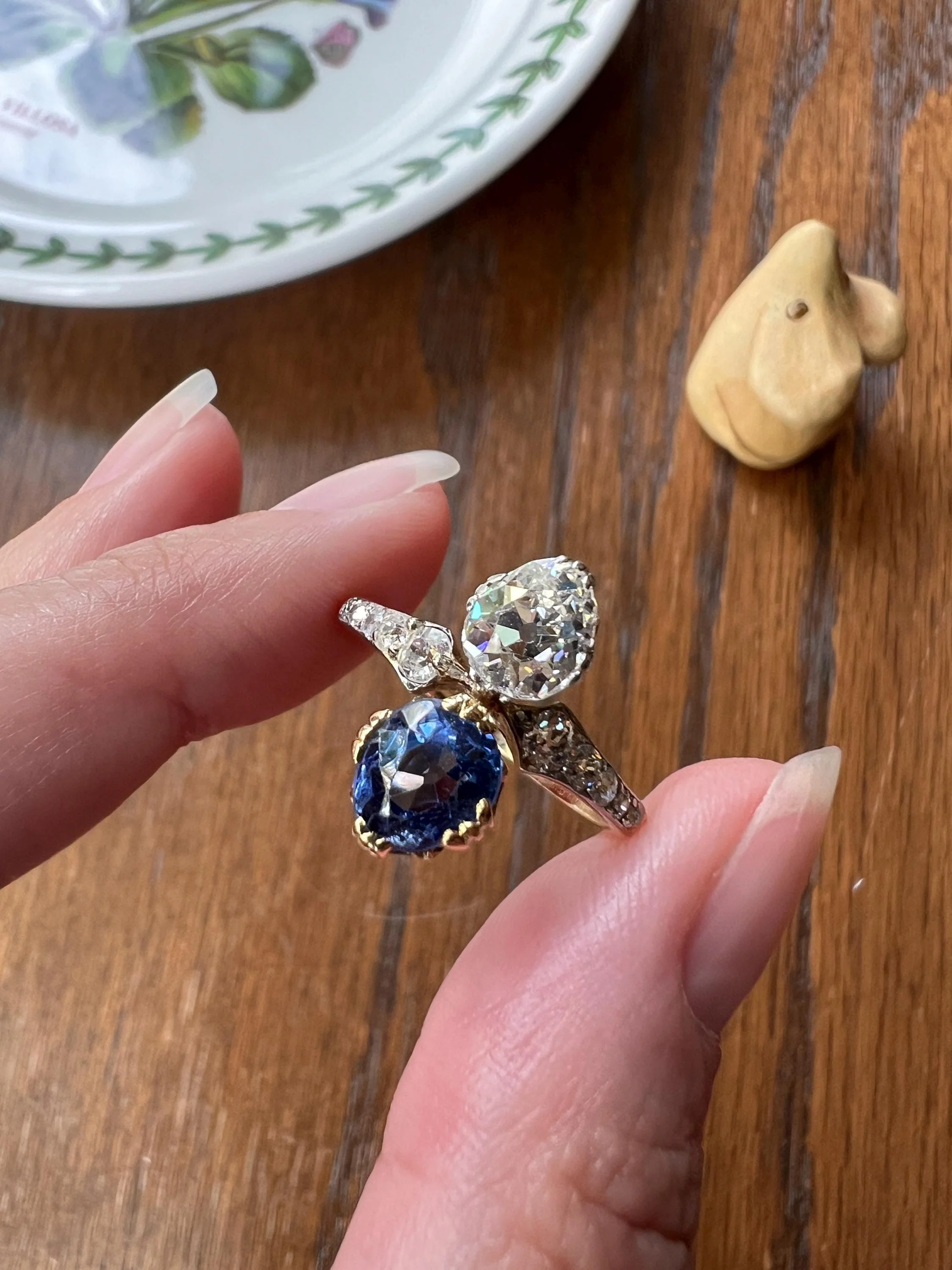 Antique No Heat PEAR Natural Ceylon SAPPHIRE Old Mine Cut DIAMOND Toi et Moi Ring 1 Carat Tdw French 18k Gold Platinum Ring - Image 4