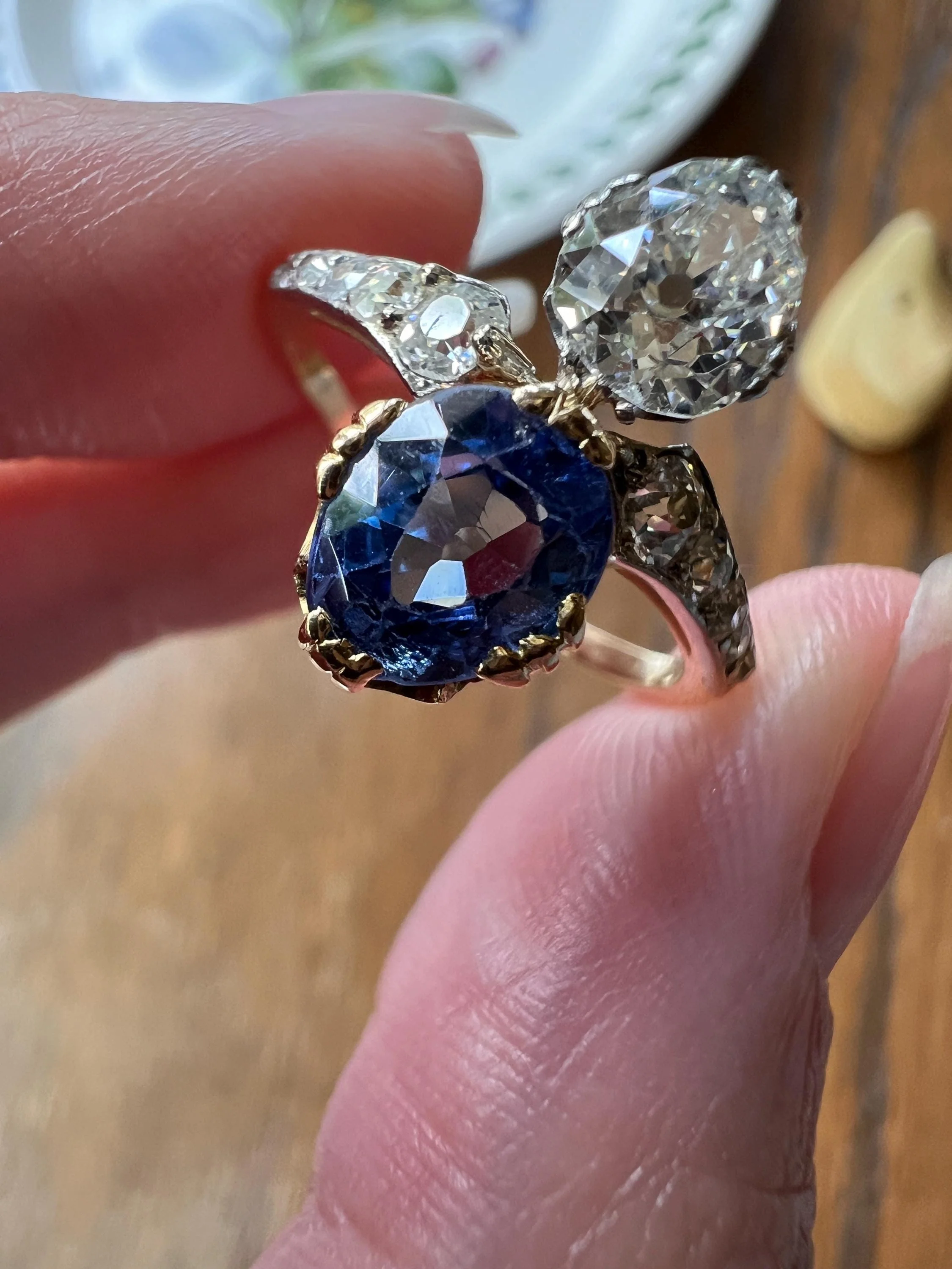 Antique No Heat PEAR Natural Ceylon SAPPHIRE Old Mine Cut DIAMOND Toi et Moi Ring 1 Carat Tdw French 18k Gold Platinum Ring - Image 5