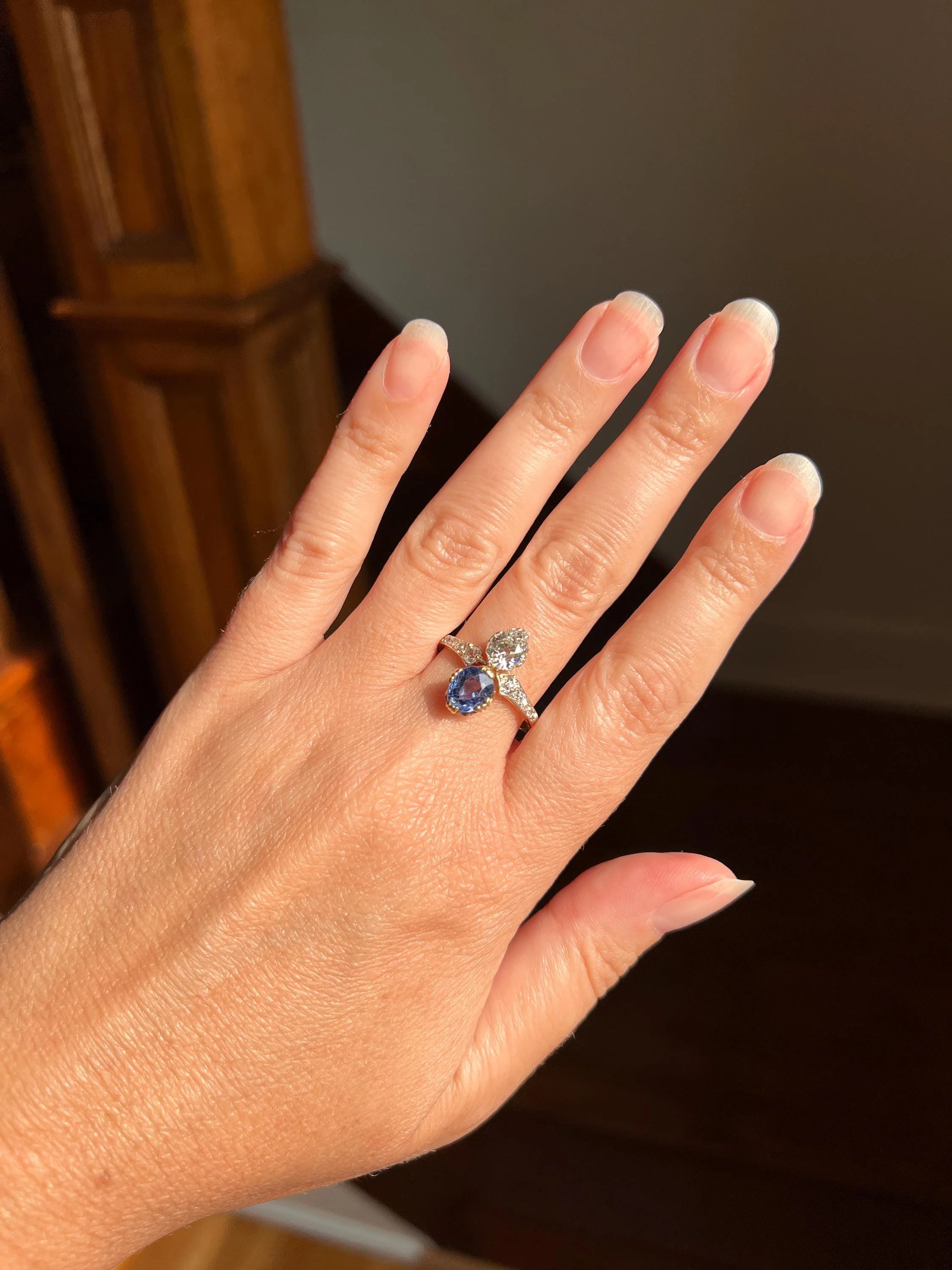 Antique No Heat PEAR Natural Ceylon SAPPHIRE Old Mine Cut DIAMOND Toi et Moi Ring 1 Carat Tdw French 18k Gold Platinum Ring - Image 6