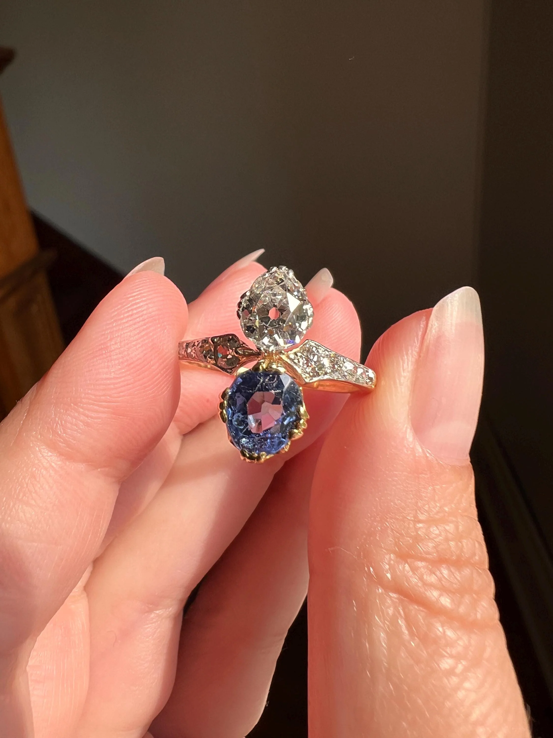 Antique No Heat PEAR Natural Ceylon SAPPHIRE Old Mine Cut DIAMOND Toi et Moi Ring 1 Carat Tdw French 18k Gold Platinum Ring - Image 7