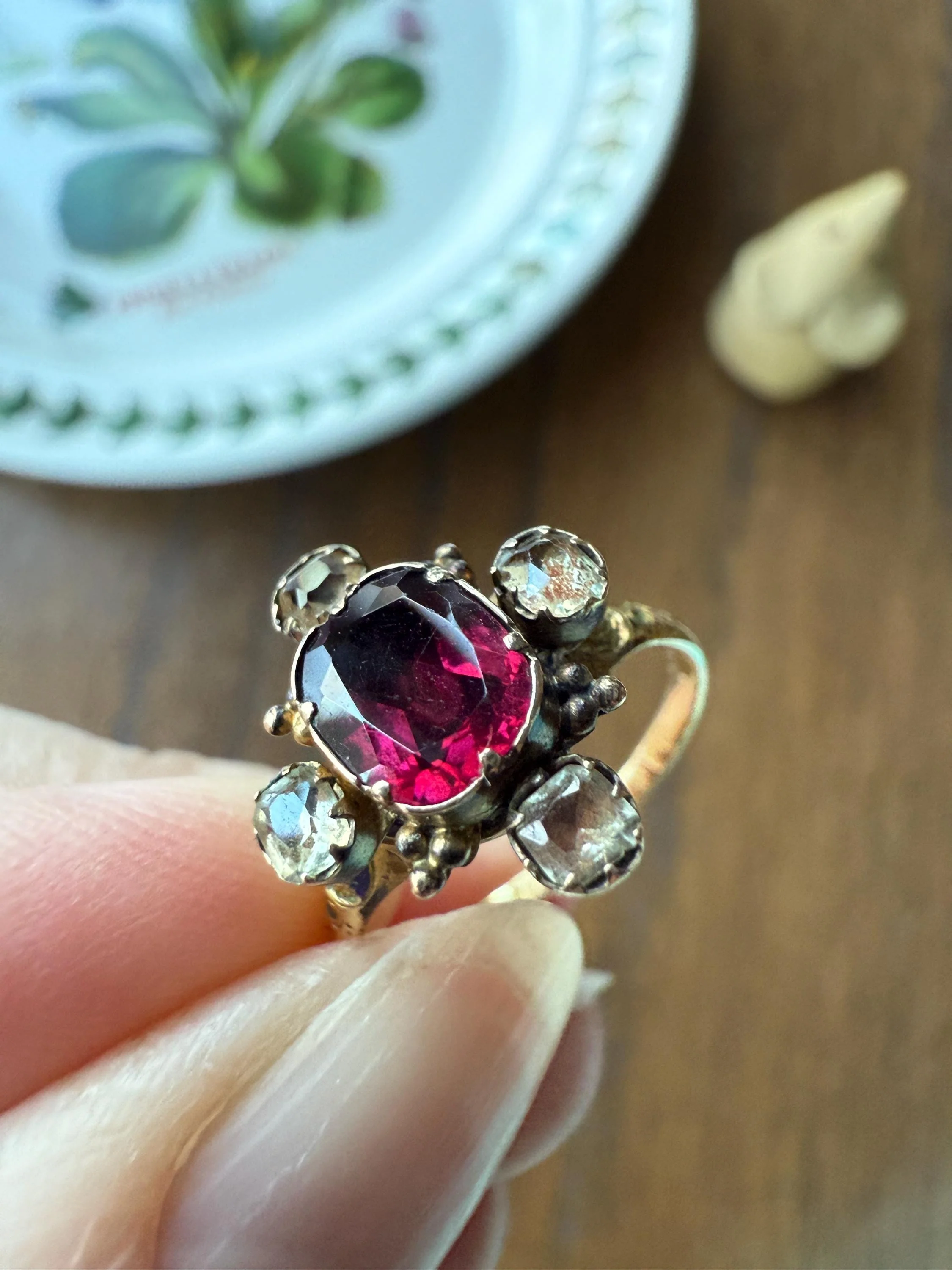 Antique Old Cut GARNET Pale Yellow Rivet Halo Cruciform HEART Locket Back Antique Ring 18k Gold Georgian Victorian - Image 10