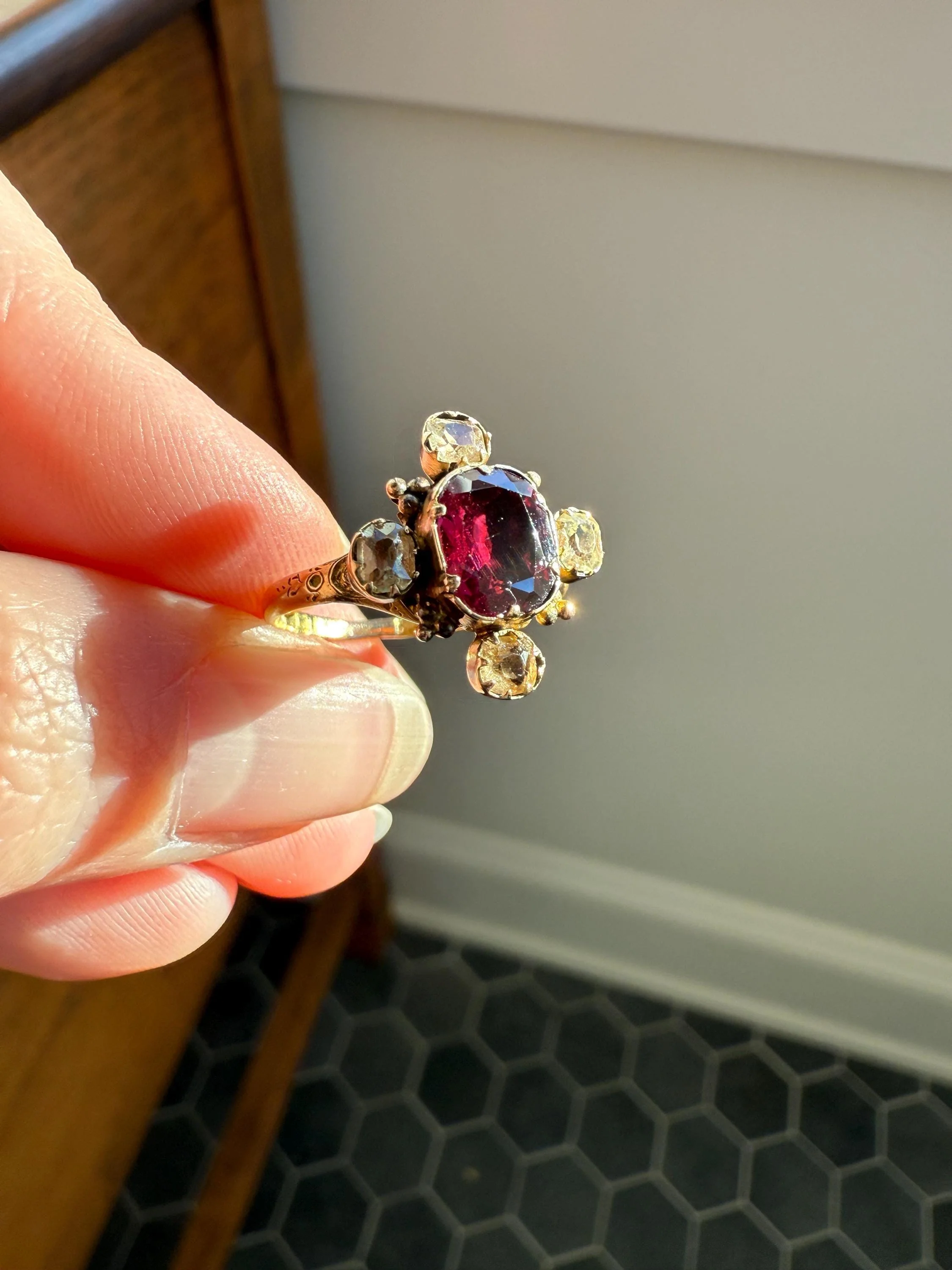 Antique Old Cut GARNET Pale Yellow Rivet Halo Cruciform HEART Locket Back Antique Ring 18k Gold Georgian Victorian - Image 12