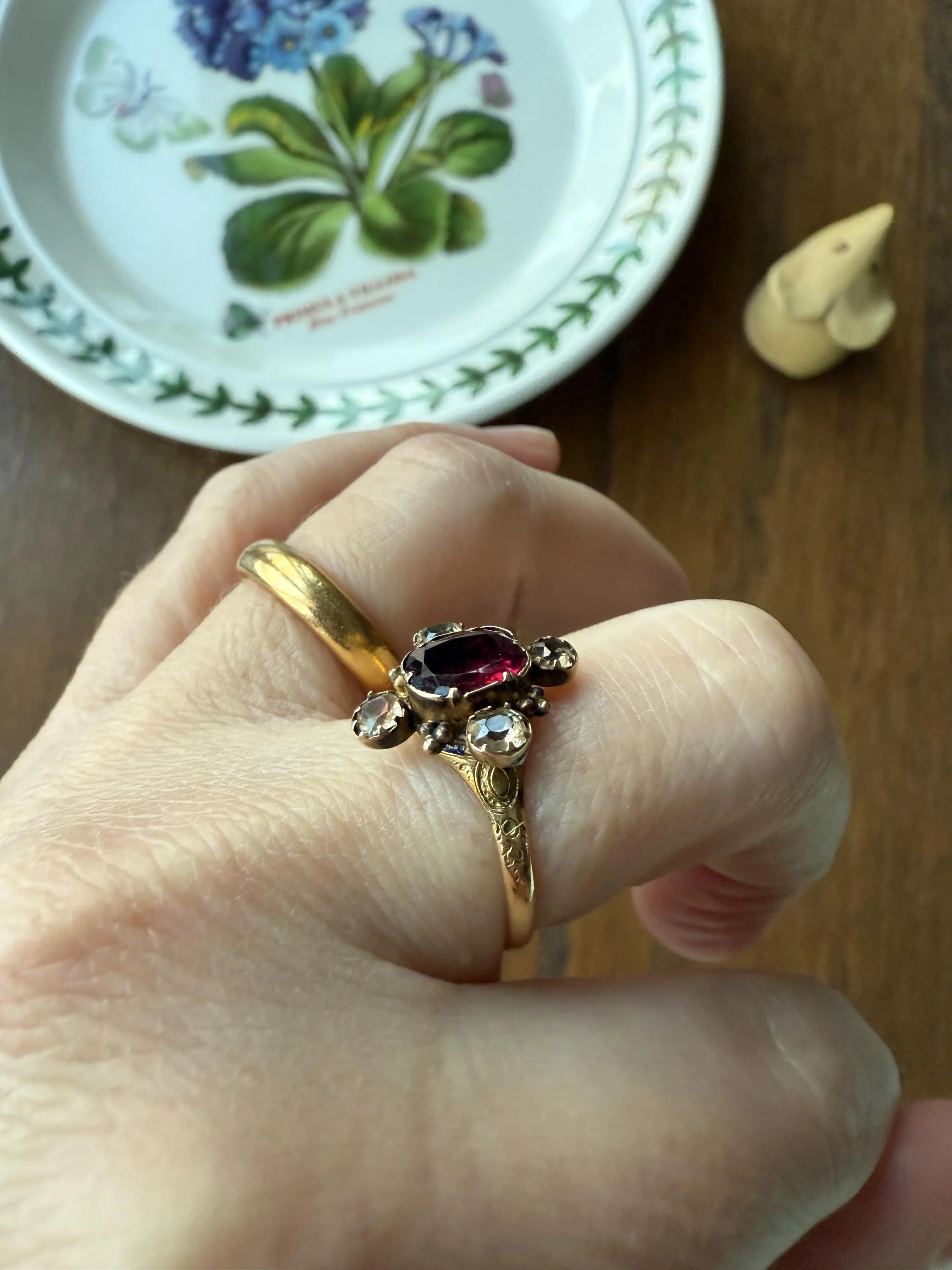 Antique Old Cut GARNET Pale Yellow Rivet Halo Cruciform HEART Locket Back Antique Ring 18k Gold Georgian Victorian - Image 14