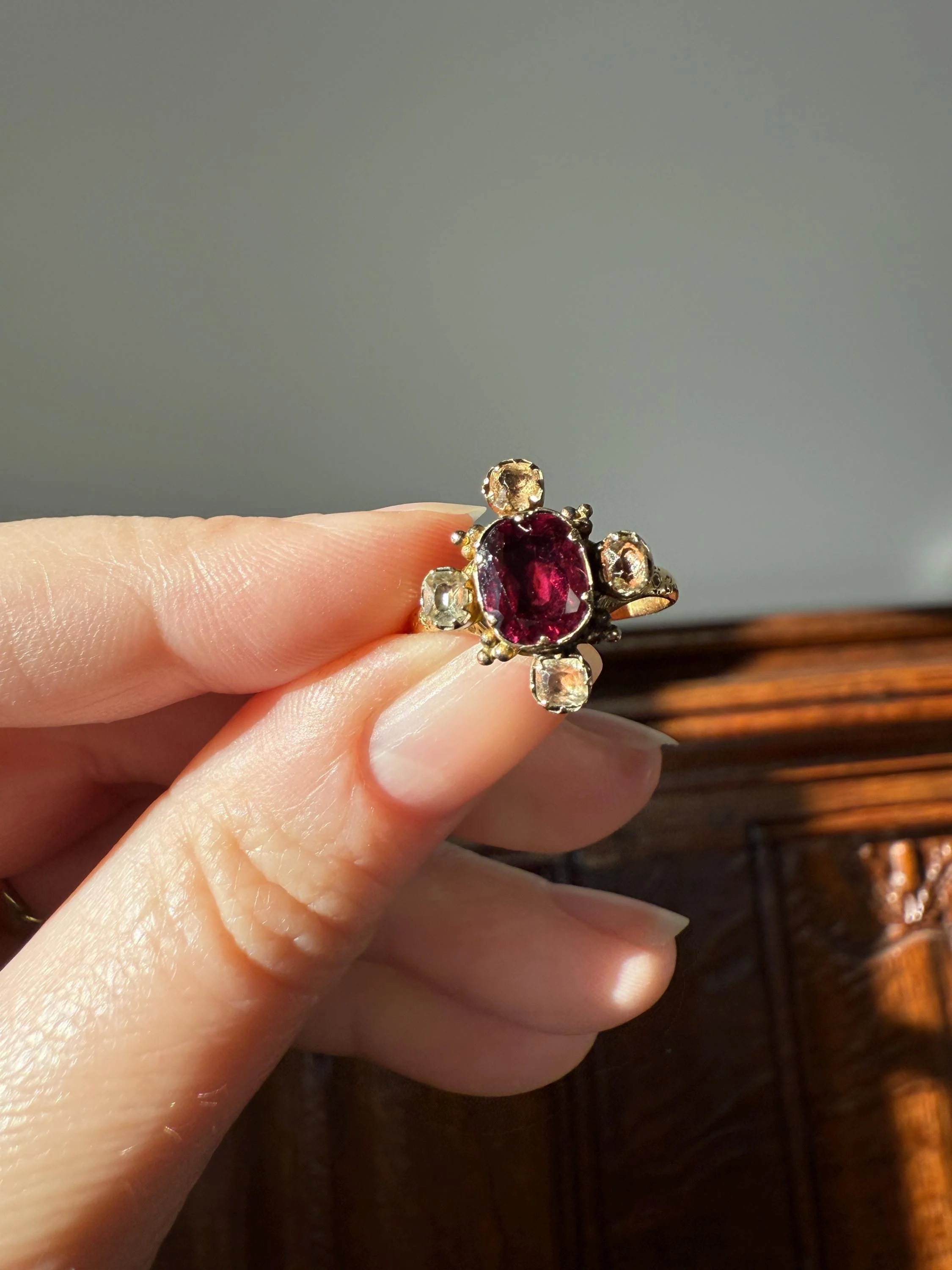 Antique Old Cut GARNET Pale Yellow Rivet Halo Cruciform HEART Locket Back Antique Ring 18k Gold Georgian Victorian - Image 15