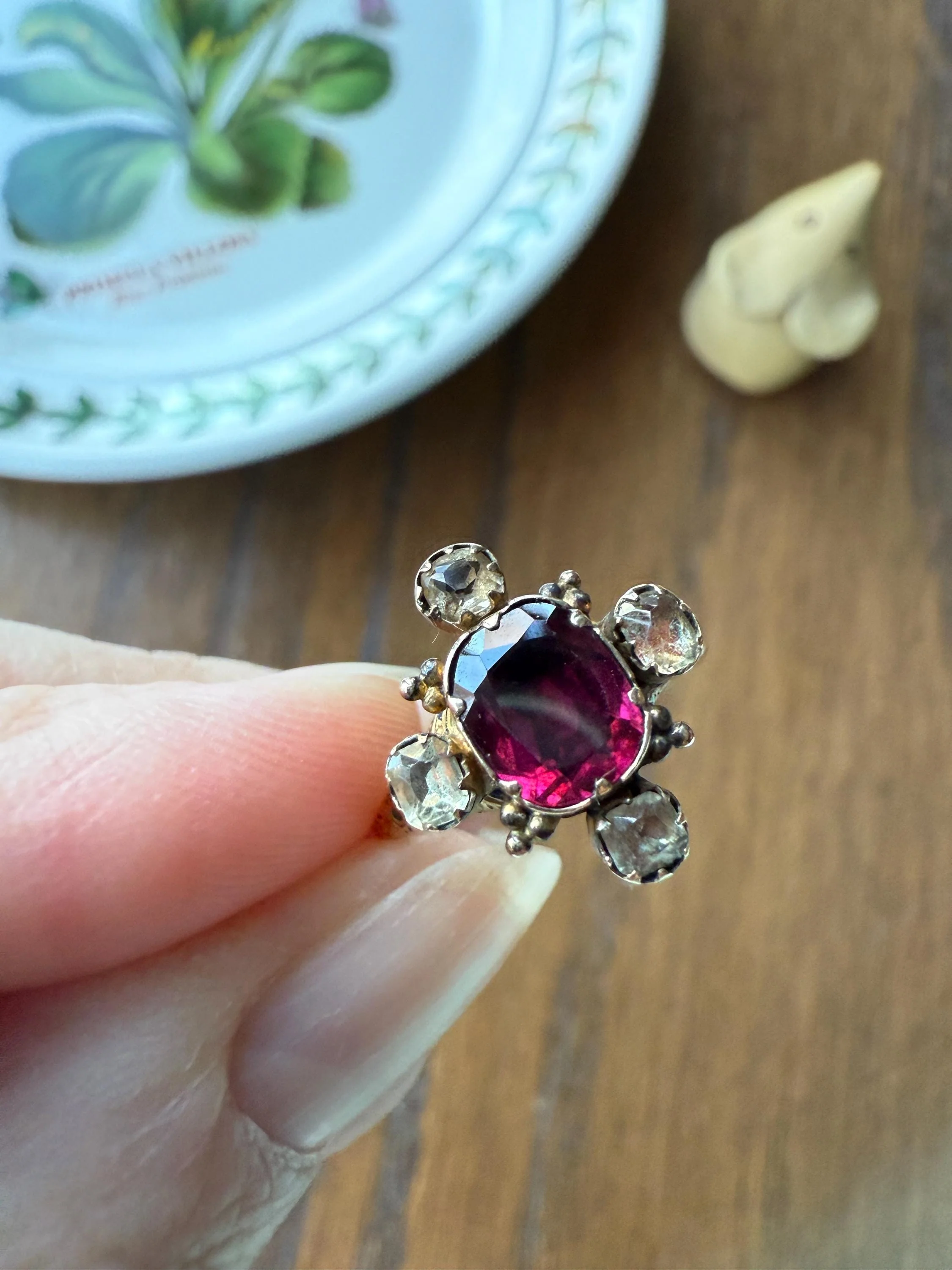 Antique Old Cut GARNET Pale Yellow Rivet Halo Cruciform HEART Locket Back Antique Ring 18k Gold Georgian Victorian - Image 2