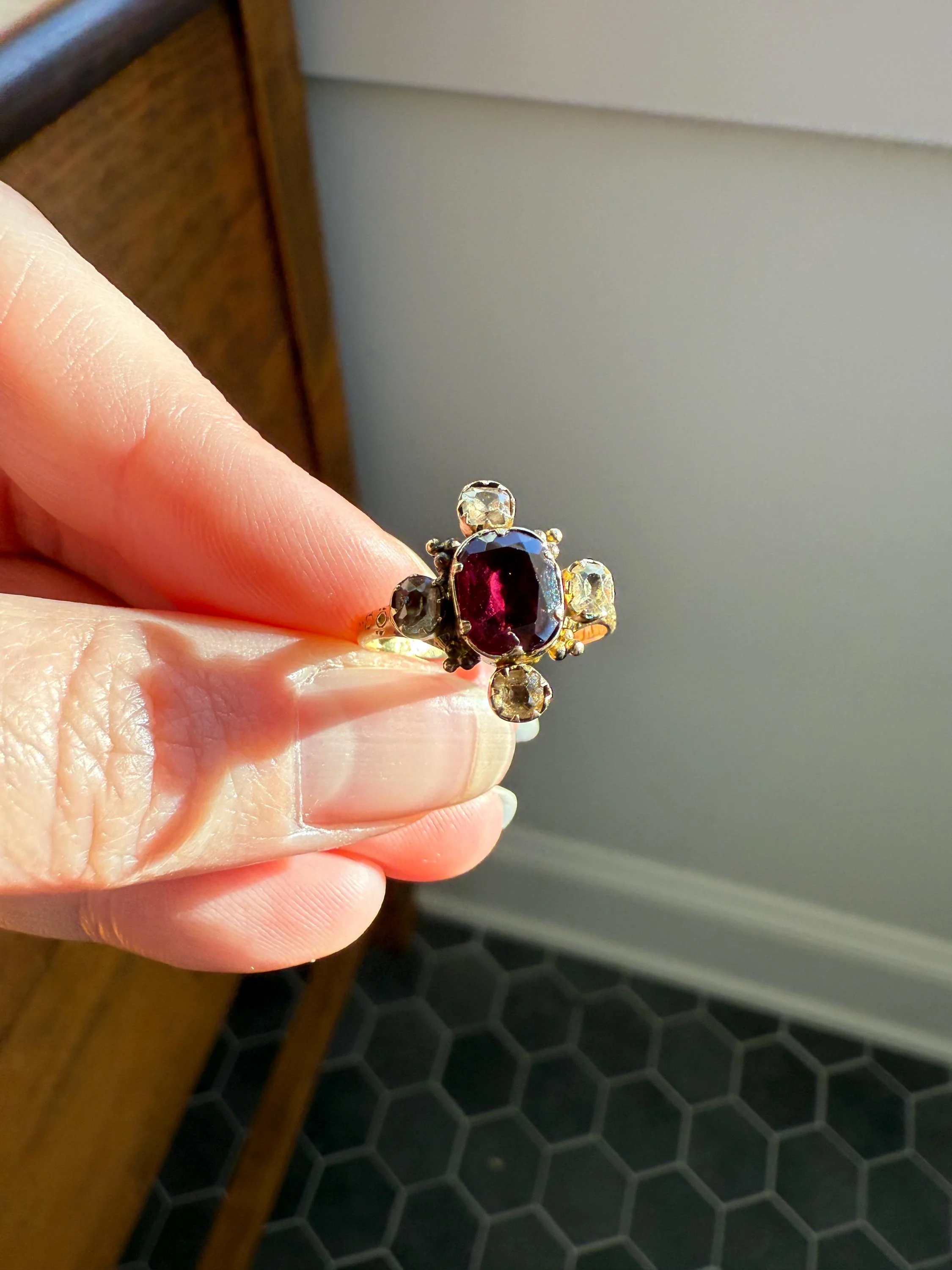 Antique Old Cut GARNET Pale Yellow Rivet Halo Cruciform HEART Locket Back Antique Ring 18k Gold Georgian Victorian - Image 4