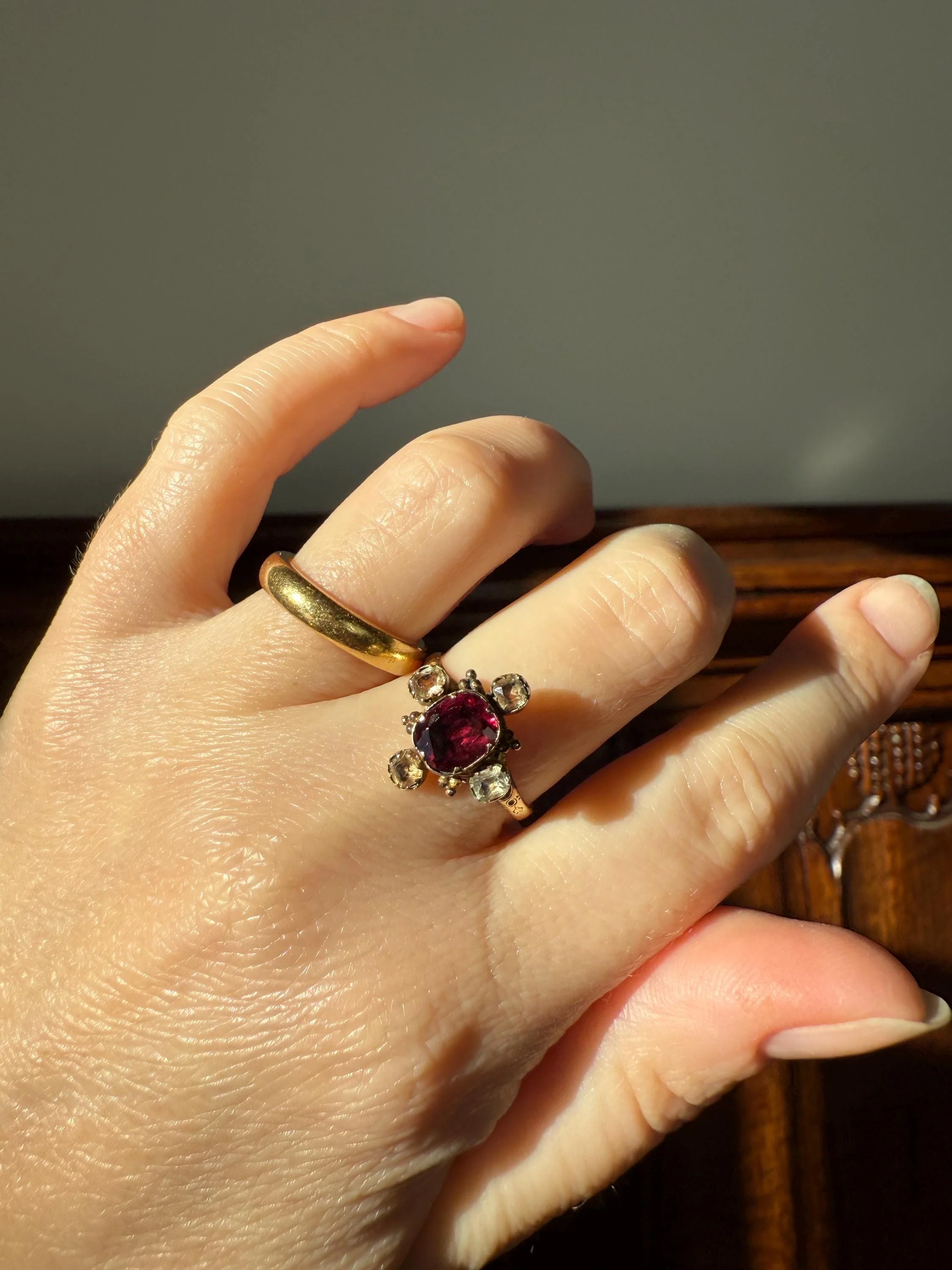 Antique Old Cut GARNET Pale Yellow Rivet Halo Cruciform HEART Locket Back Antique Ring 18k Gold Georgian Victorian - Image 5