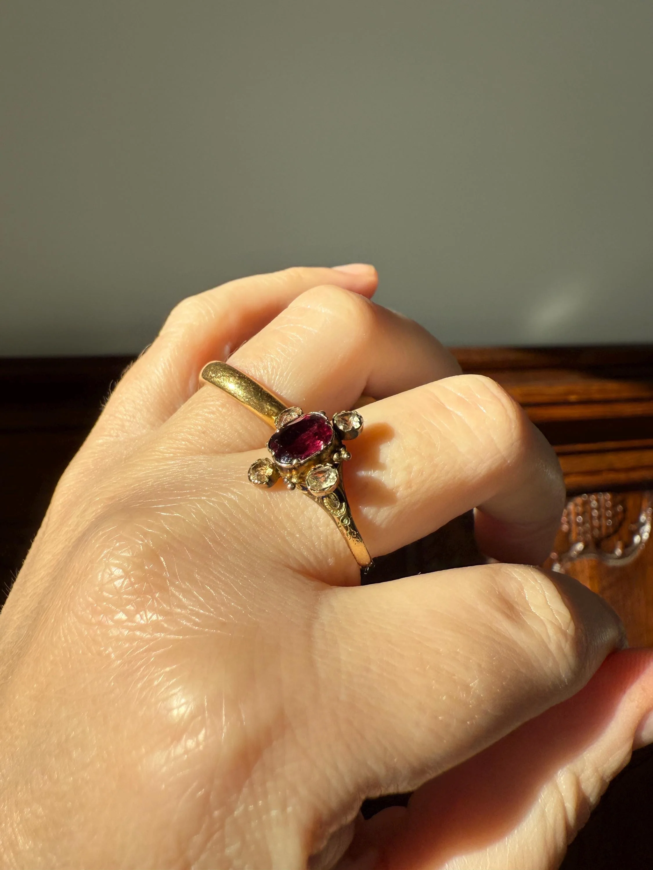 Antique Old Cut GARNET Pale Yellow Rivet Halo Cruciform HEART Locket Back Antique Ring 18k Gold Georgian Victorian - Image 6