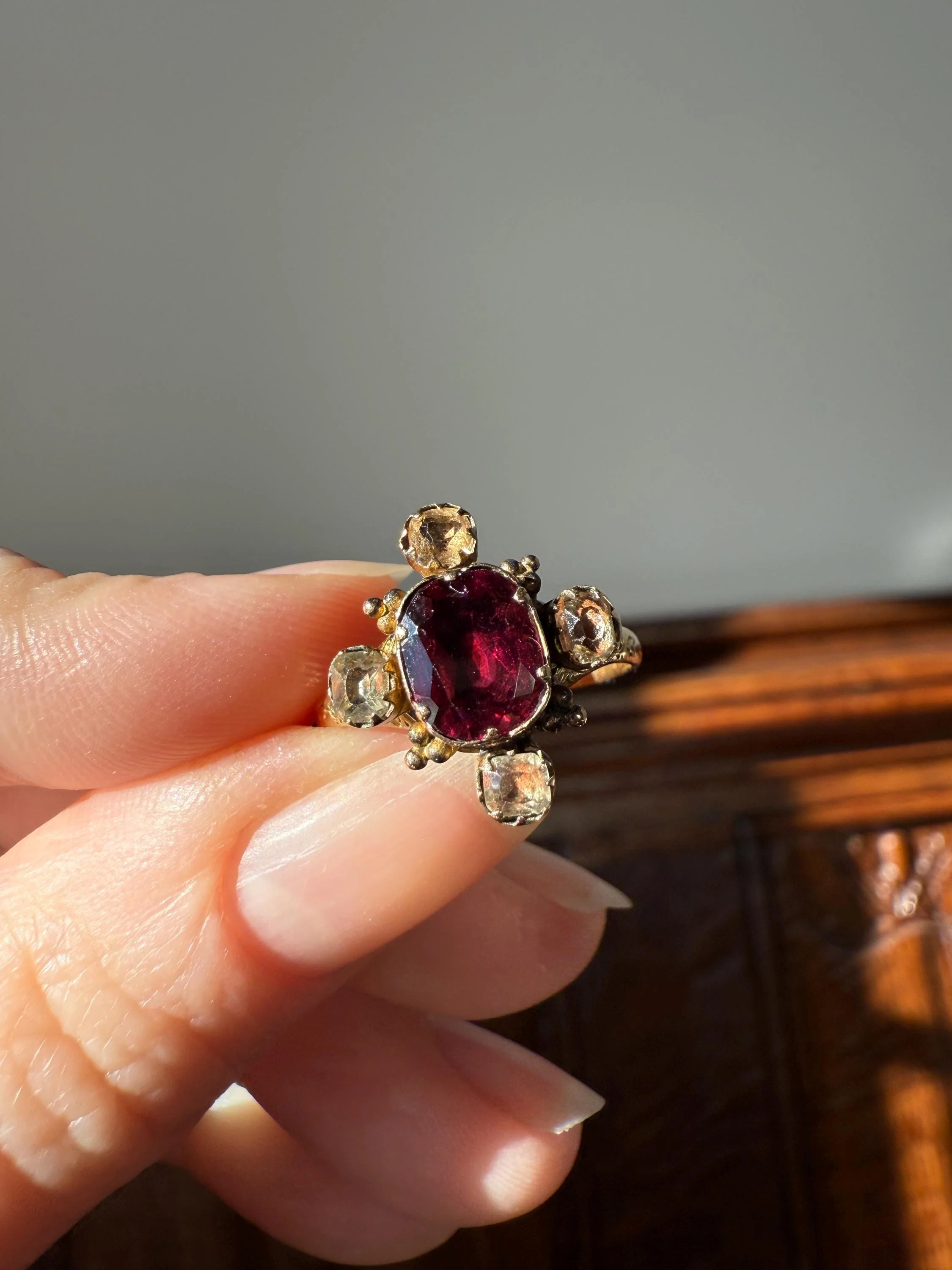 Antique Old Cut GARNET Pale Yellow Rivet Halo Cruciform HEART Locket Back Antique Ring 18k Gold Georgian Victorian - Image 7