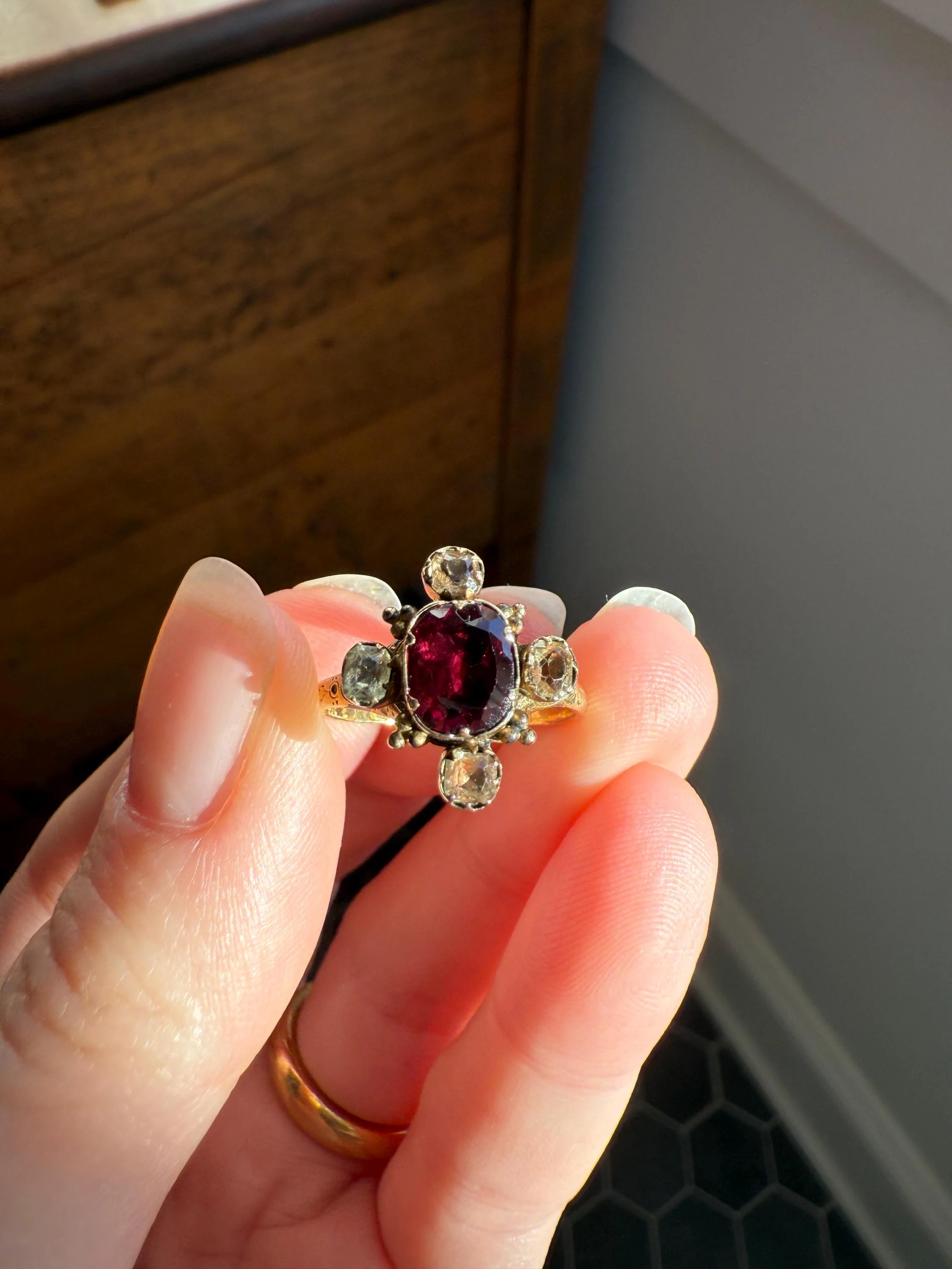 Antique Old Cut GARNET Pale Yellow Rivet Halo Cruciform HEART Locket Back Antique Ring 18k Gold Georgian Victorian - Image 8