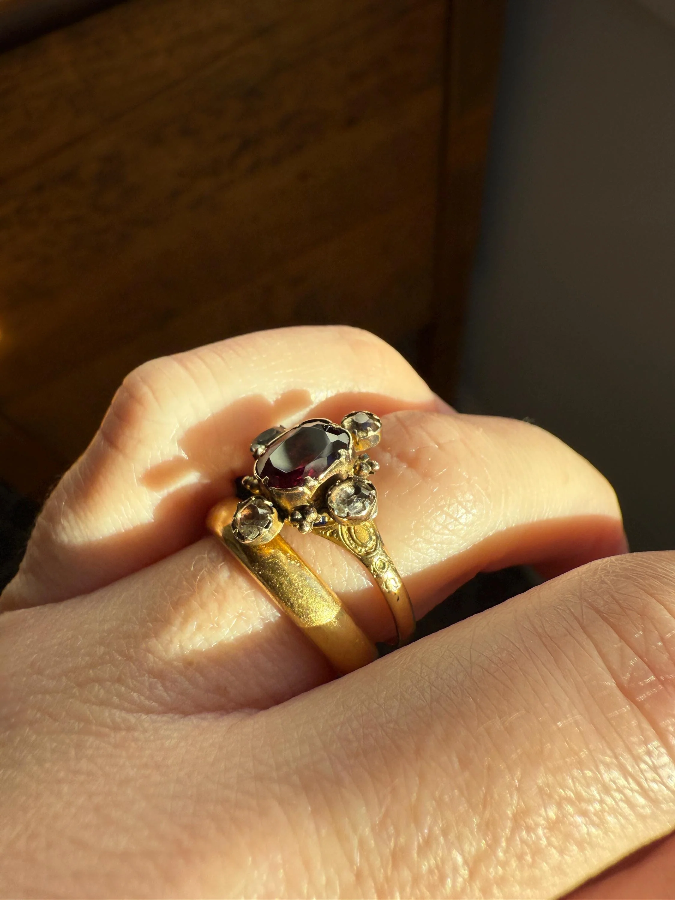 Antique Old Cut GARNET Pale Yellow Rivet Halo Cruciform HEART Locket Back Antique Ring 18k Gold Georgian Victorian - Image 9