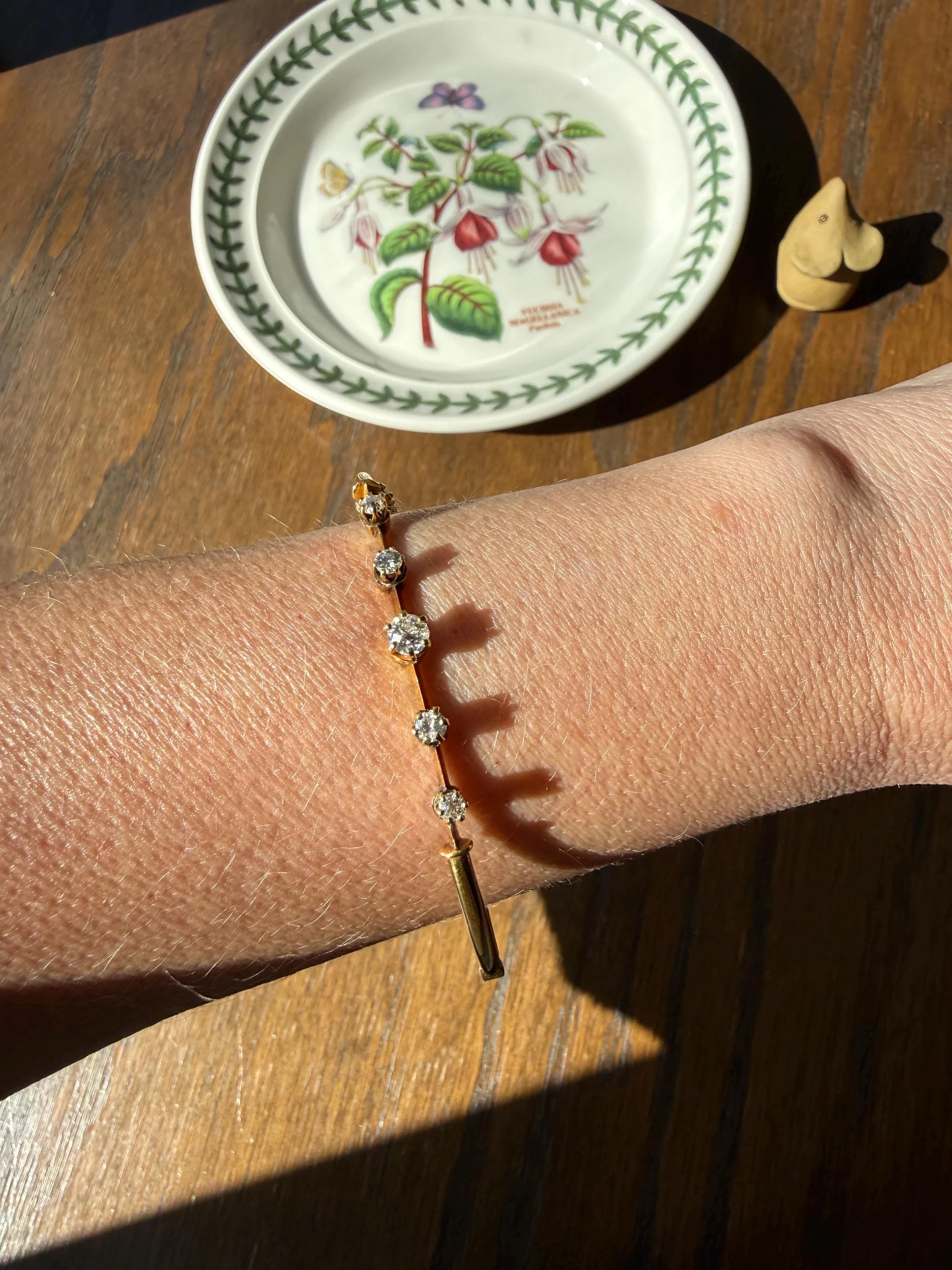 ANTIQUE Old European Mine Cut DIAMOND BANGLE Bracelet 15k Gold Solid Hinged Five Stone Prong Set Linear - Image 10