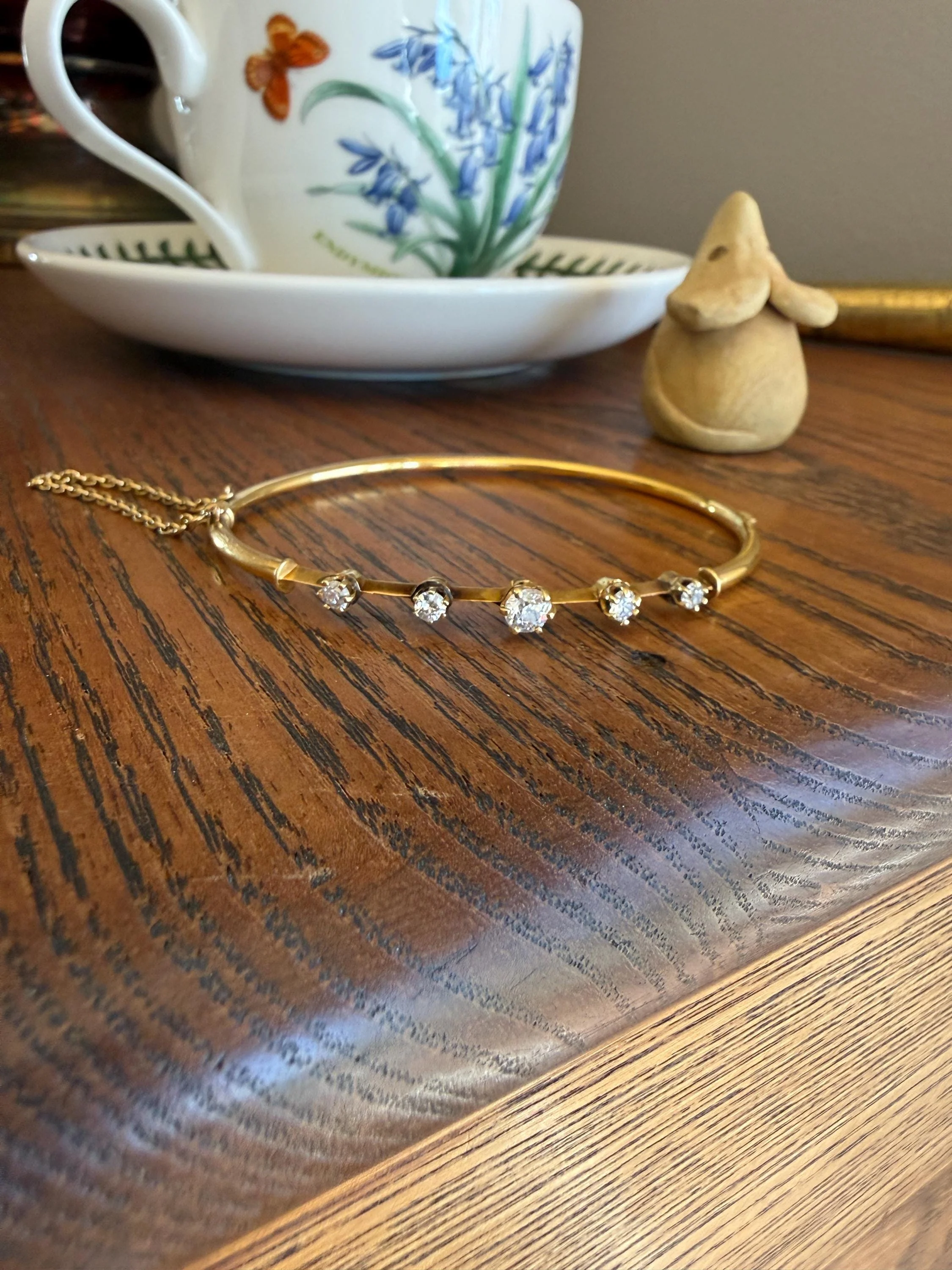 ANTIQUE Old European Mine Cut DIAMOND BANGLE Bracelet 15k Gold Solid Hinged Five Stone Prong Set Linear - Image 11
