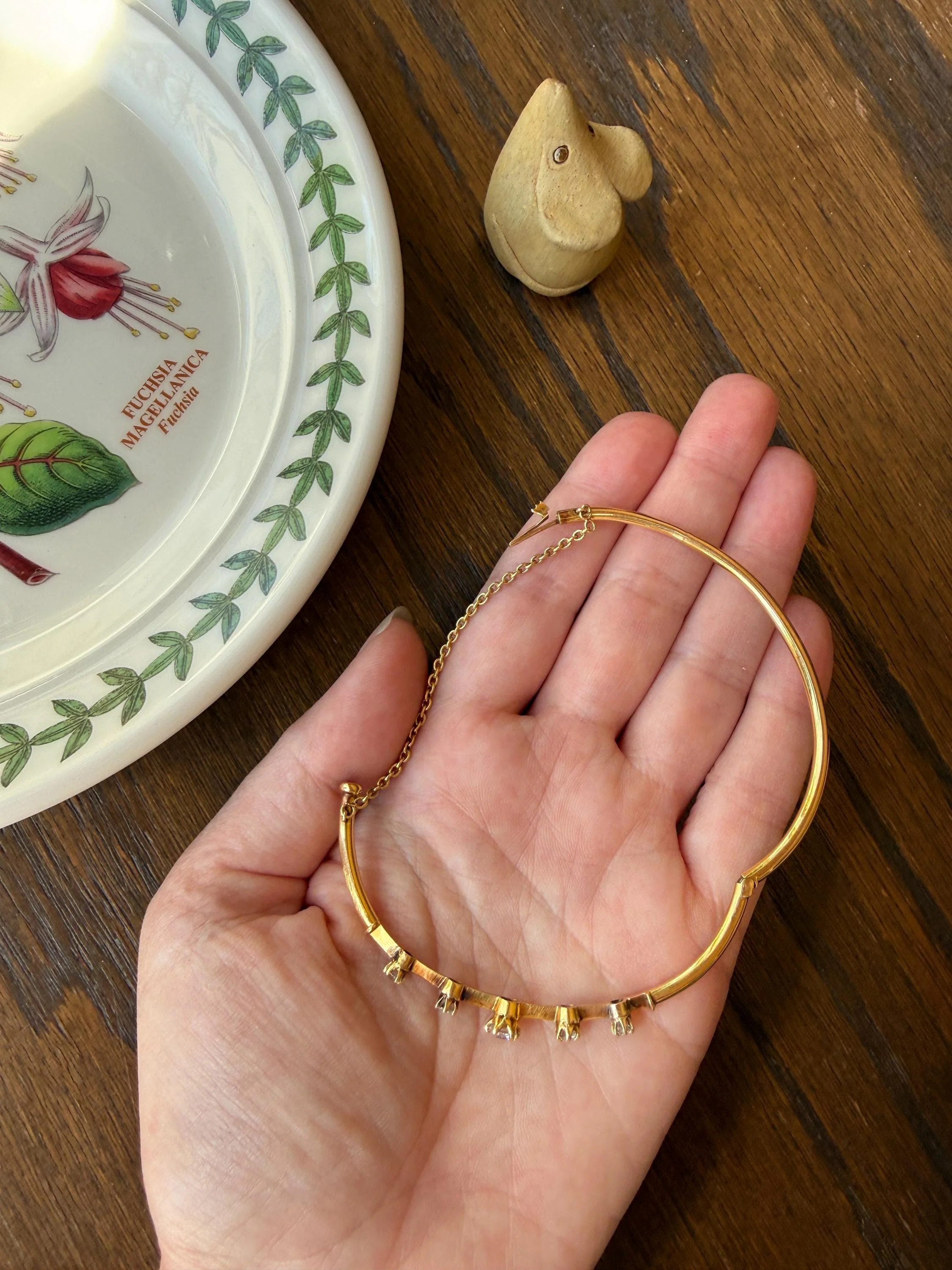 ANTIQUE Old European Mine Cut DIAMOND BANGLE Bracelet 15k Gold Solid Hinged Five Stone Prong Set Linear - Image 16