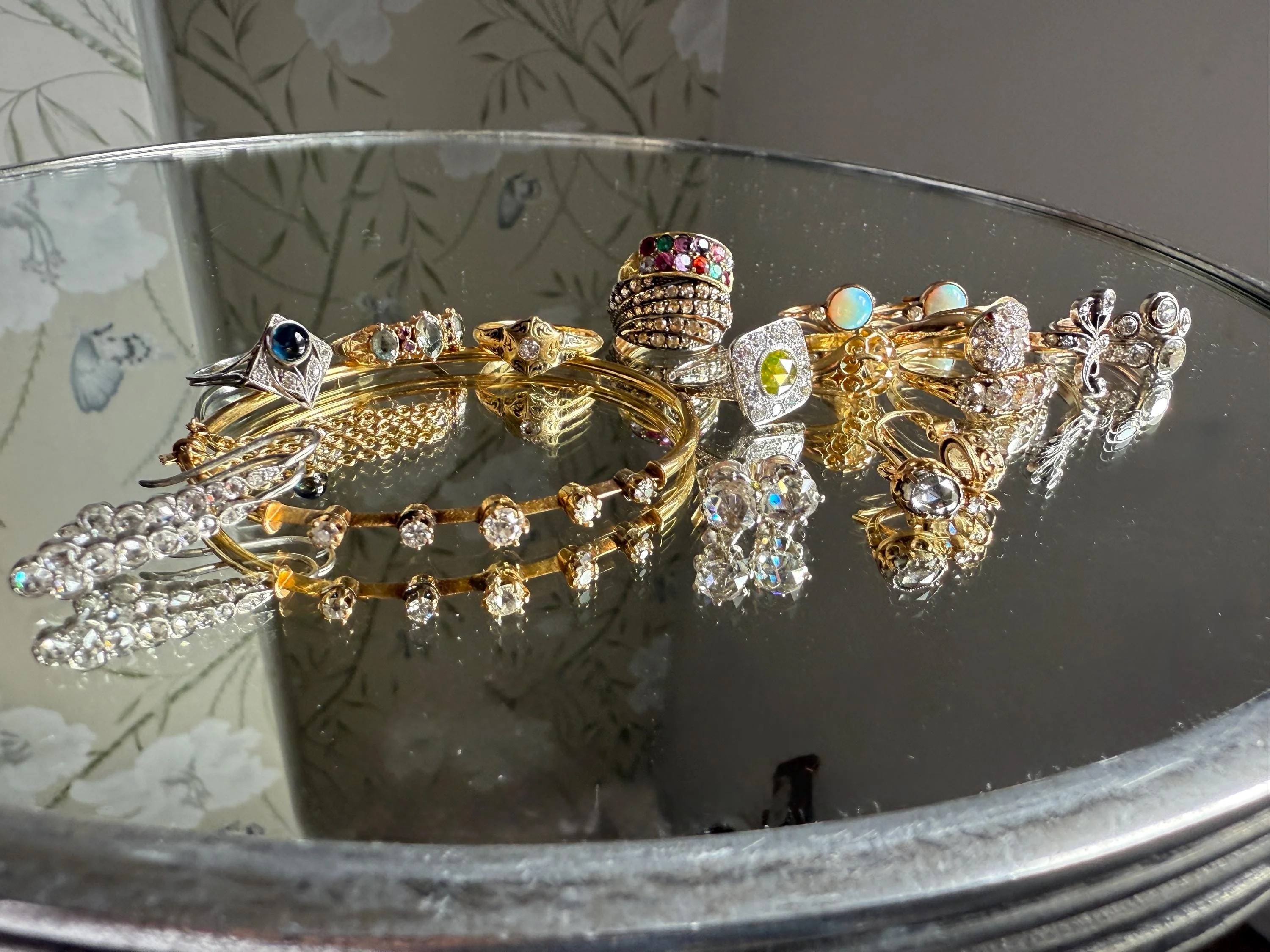 ANTIQUE Old European Mine Cut DIAMOND BANGLE Bracelet 15k Gold Solid Hinged Five Stone Prong Set Linear - Image 18