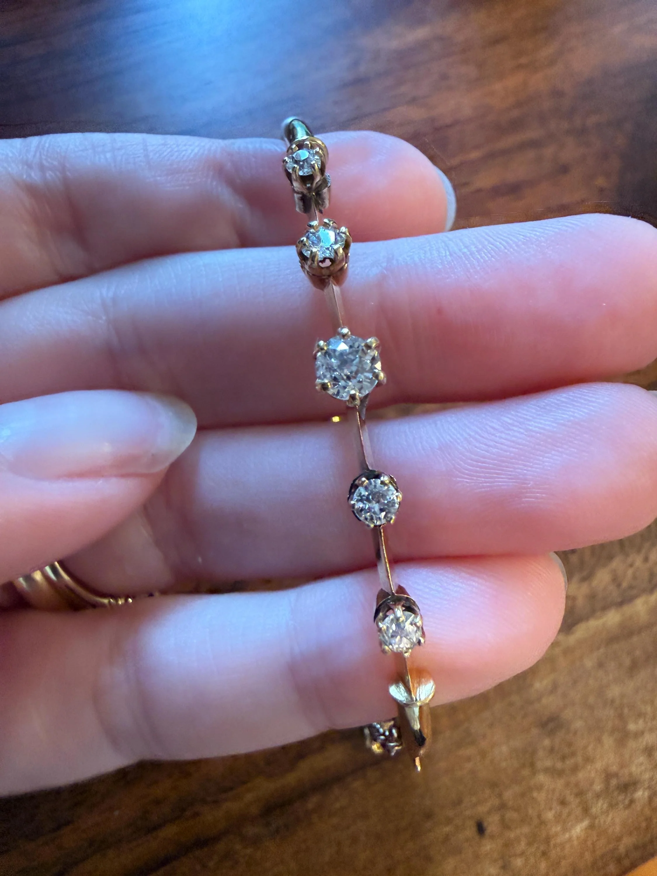 ANTIQUE Old European Mine Cut DIAMOND BANGLE Bracelet 15k Gold Solid Hinged Five Stone Prong Set Linear - Image 19