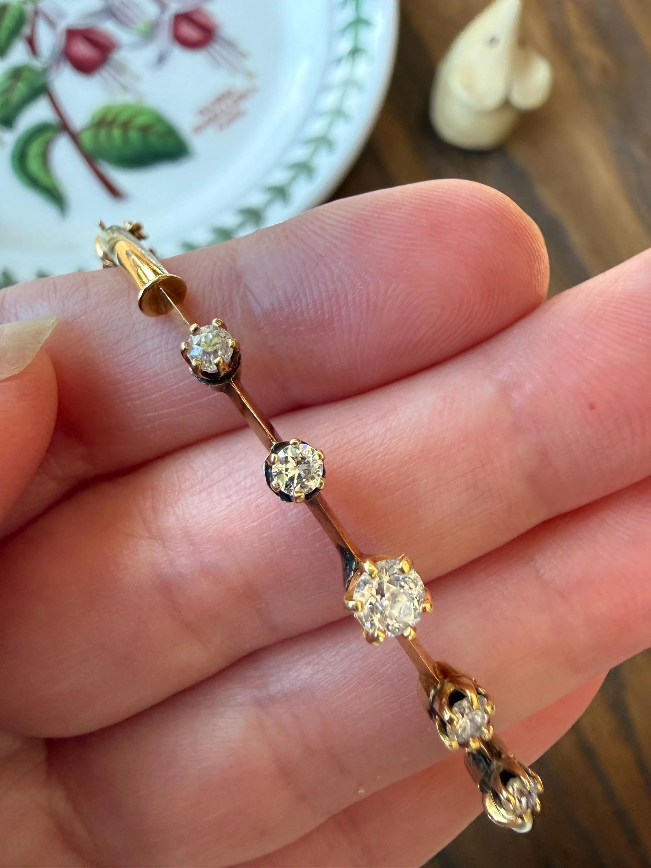 ANTIQUE Old European Mine Cut DIAMOND BANGLE Bracelet 15k Gold Solid Hinged Five Stone Prong Set Linear - Image 3