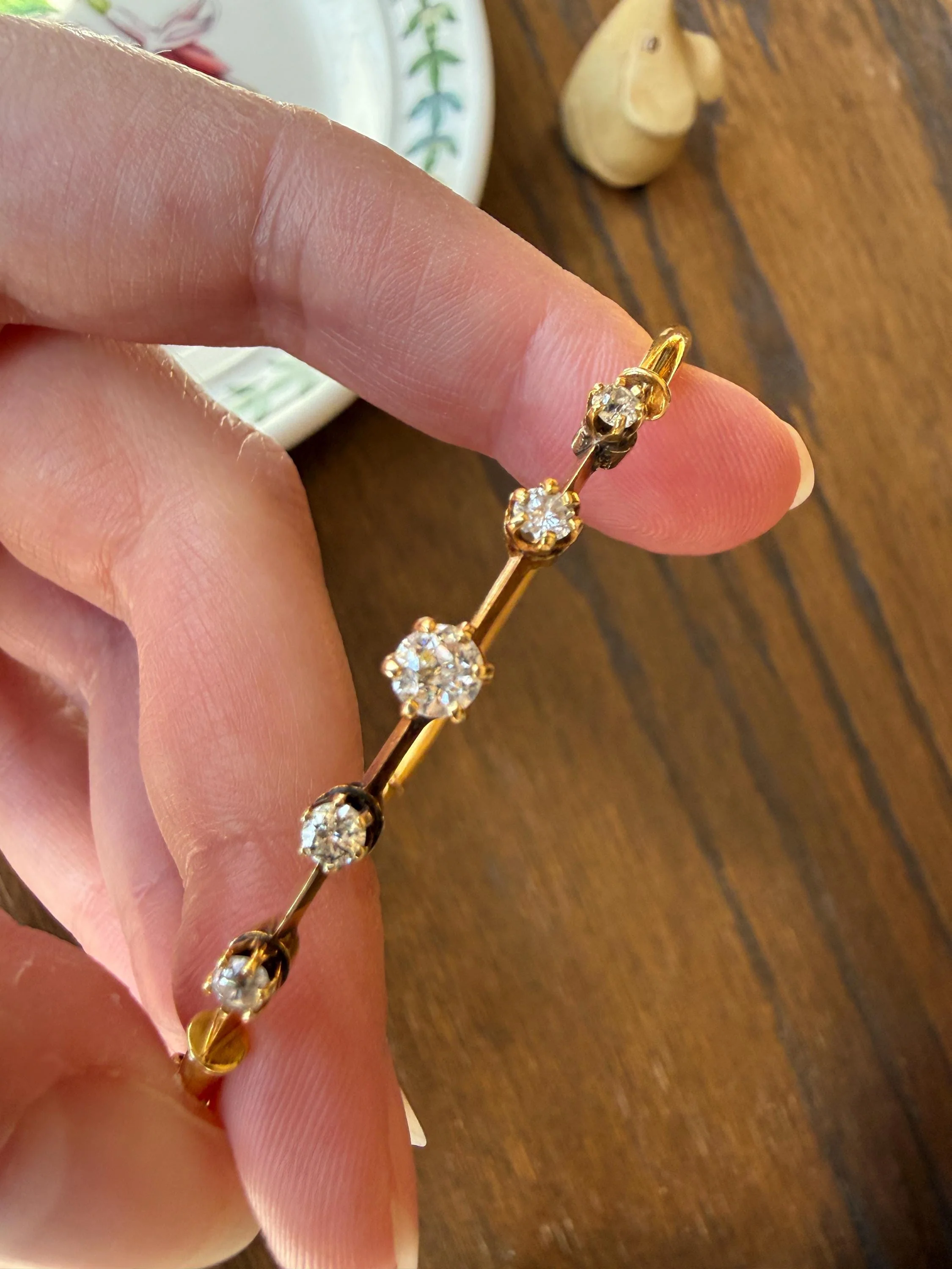 ANTIQUE Old European Mine Cut DIAMOND BANGLE Bracelet 15k Gold Solid Hinged Five Stone Prong Set Linear - Image 6