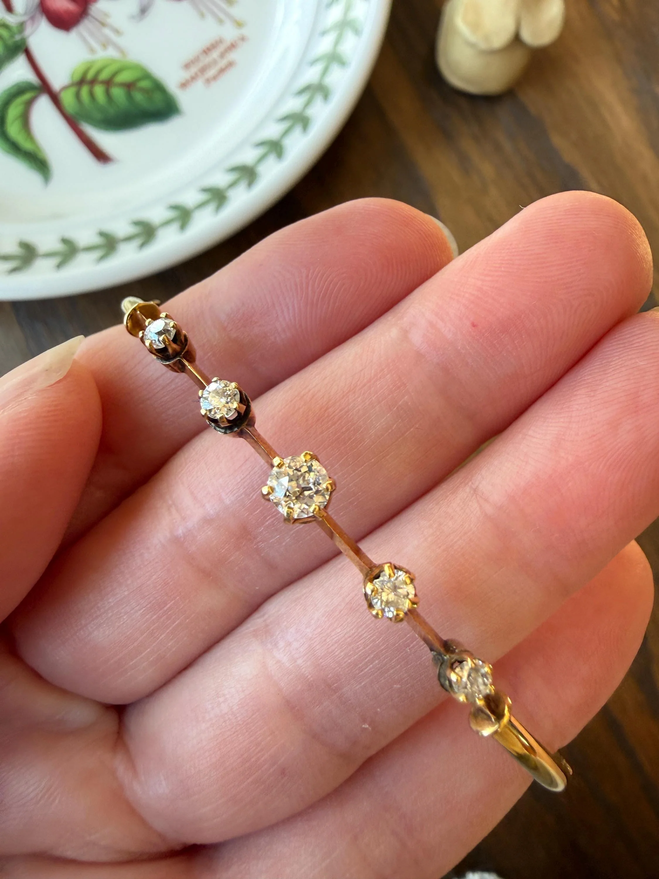 ANTIQUE Old European Mine Cut DIAMOND BANGLE Bracelet 15k Gold Solid Hinged Five Stone Prong Set Linear - Image 7
