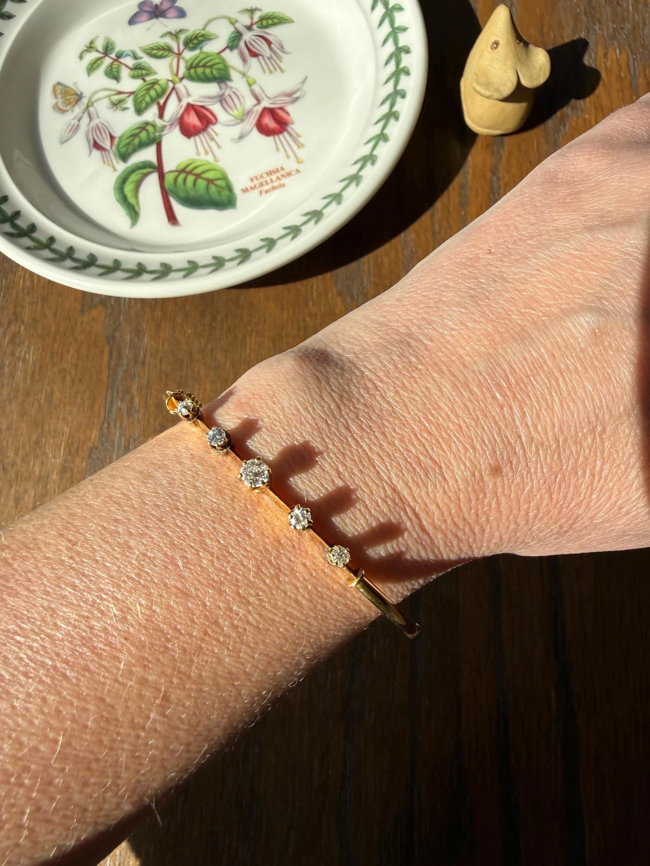ANTIQUE Old European Mine Cut DIAMOND BANGLE Bracelet 15k Gold Solid Hinged Five Stone Prong Set Linear - Image 8