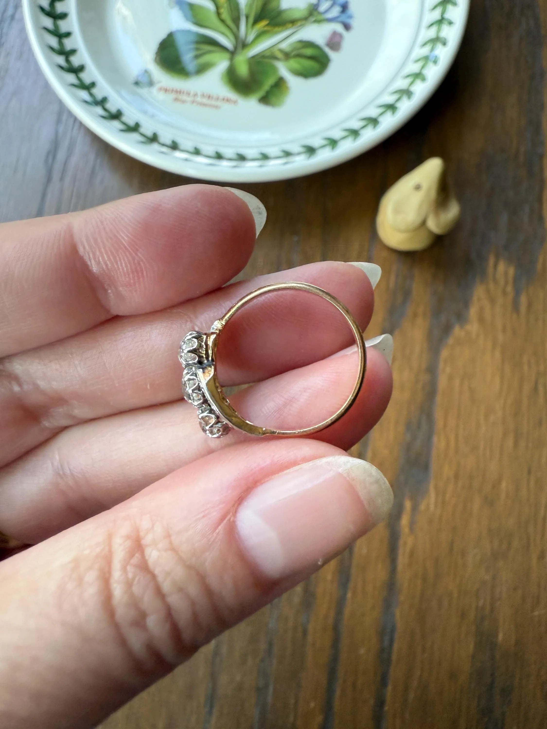 Antique .7 Carat Old Mine Cut Angled Bypass Three Stone Ring Rose Accents French 18k Gold Stacker Band OMC Belle Epoque - Image 10