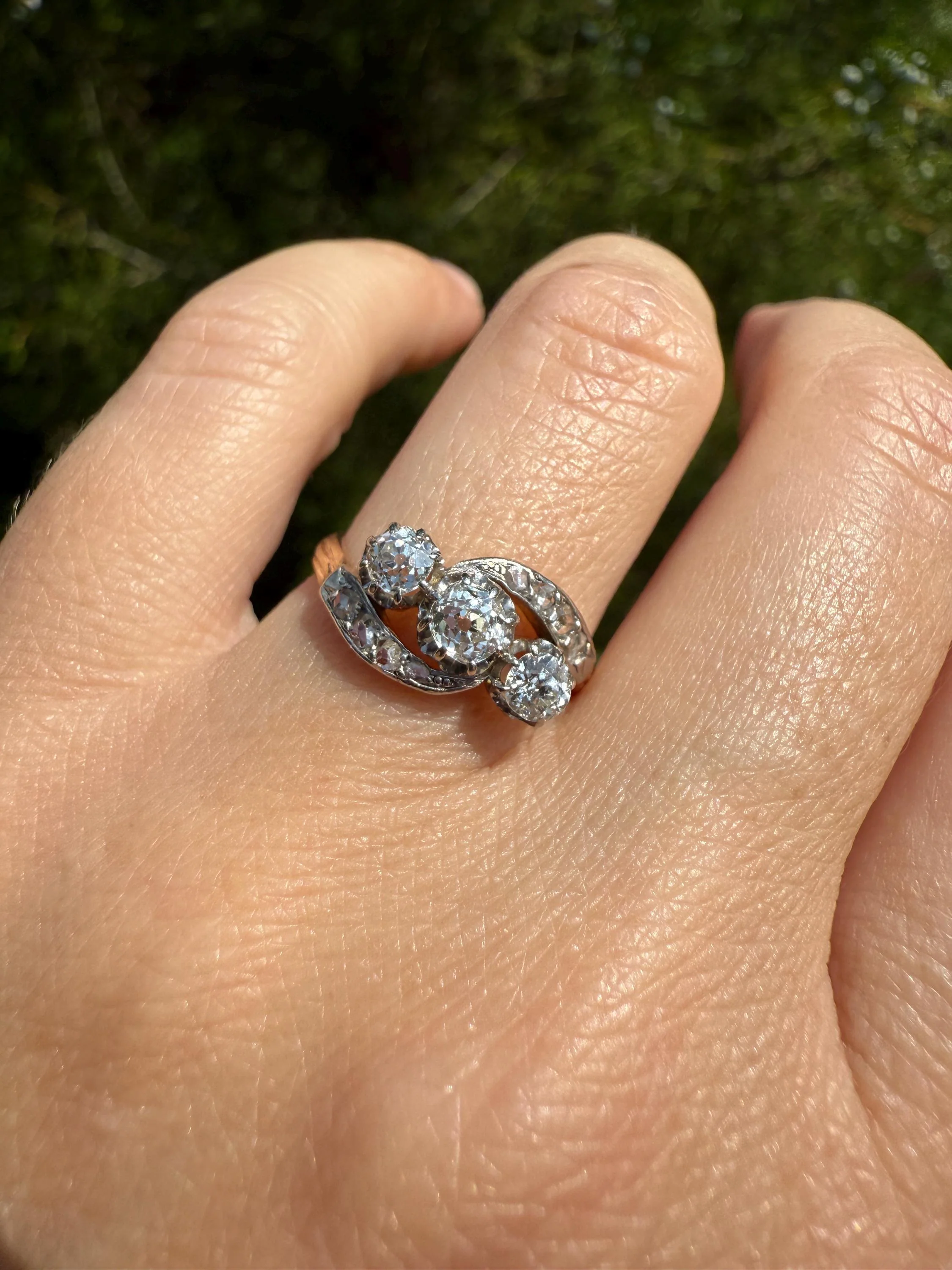 Antique .7 Carat Old Mine Cut Angled Bypass Three Stone Ring Rose Accents French 18k Gold Stacker Band OMC Belle Epoque - Image 11