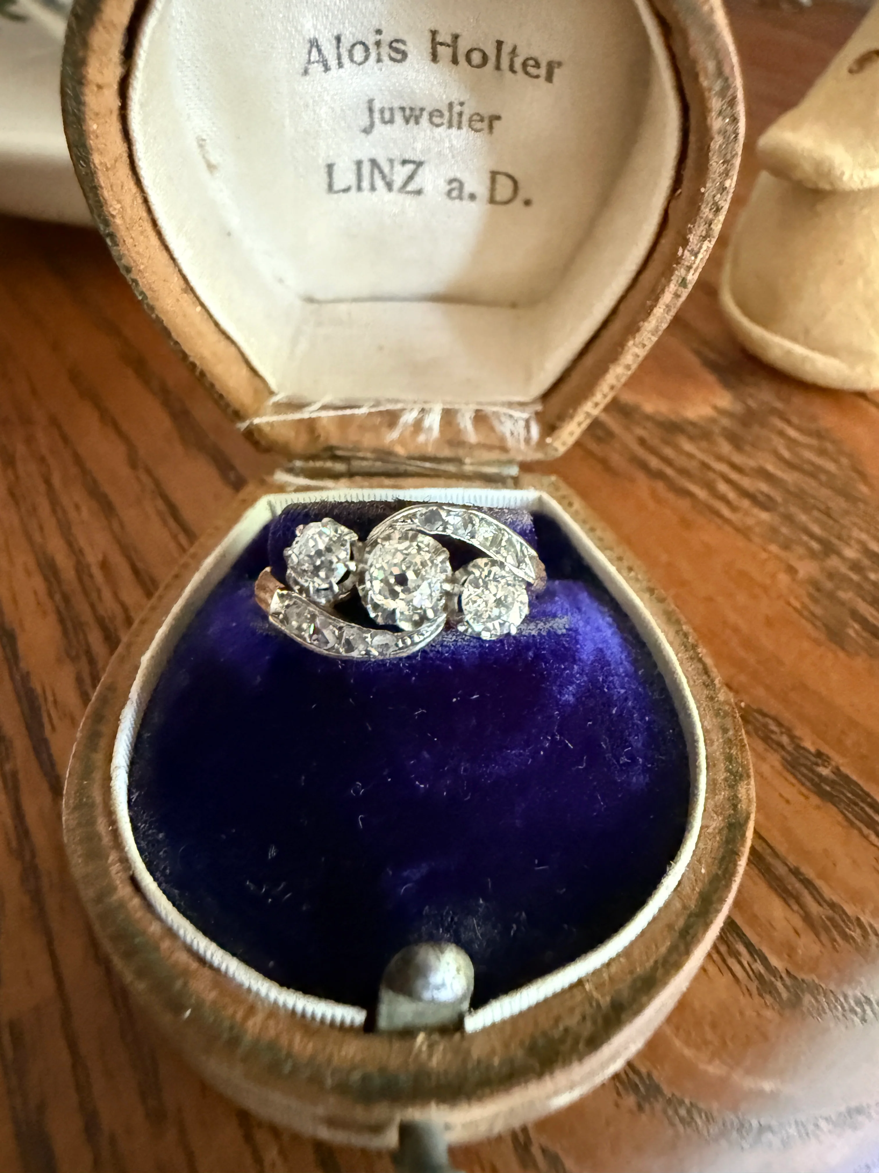 Antique .7 Carat Old Mine Cut Angled Bypass Three Stone Ring Rose Accents French 18k Gold Stacker Band OMC Belle Epoque - Image 12