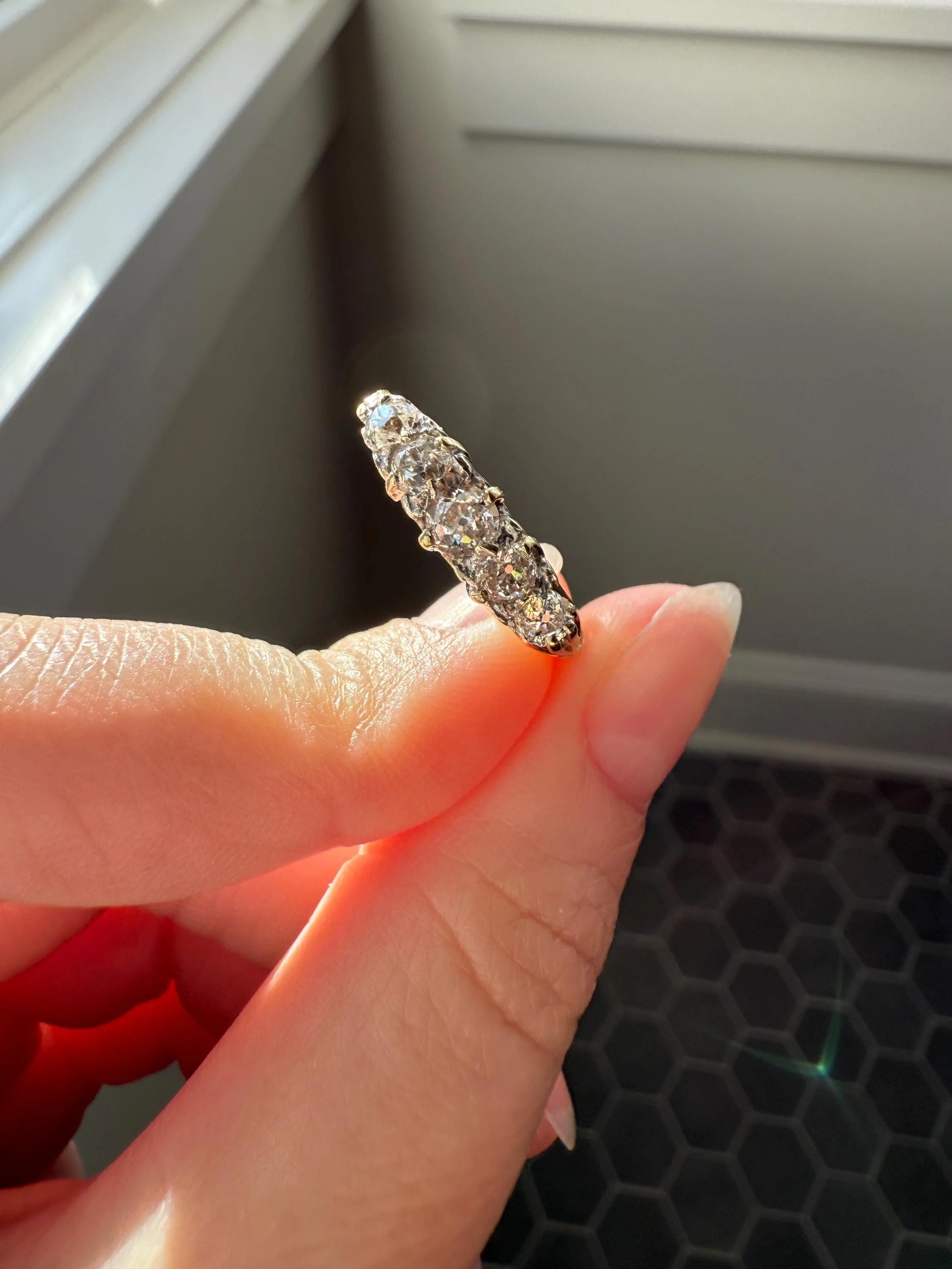 Antique Old Mine Cut DIAMOND One Carat Five Stone Skinny Band Ring 18k Gold Scrolled Victorian Romantic Gift Stacker Wedding OMC Minimalist - Image 6