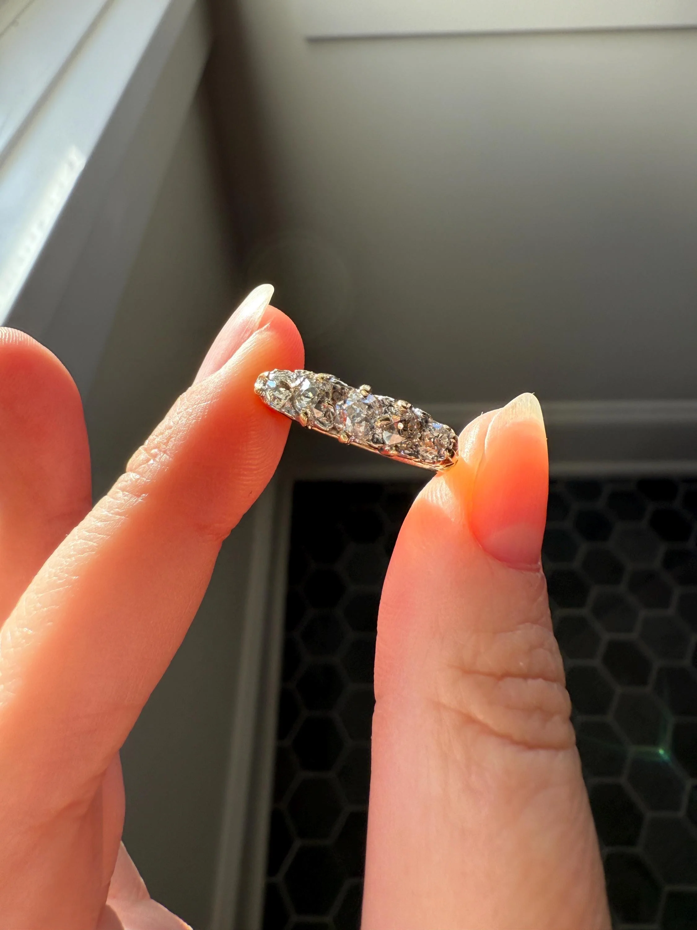 Antique Old Mine Cut DIAMOND One Carat Five Stone Skinny Band Ring 18k Gold Scrolled Victorian Romantic Gift Stacker Wedding OMC Minimalist - Image 8