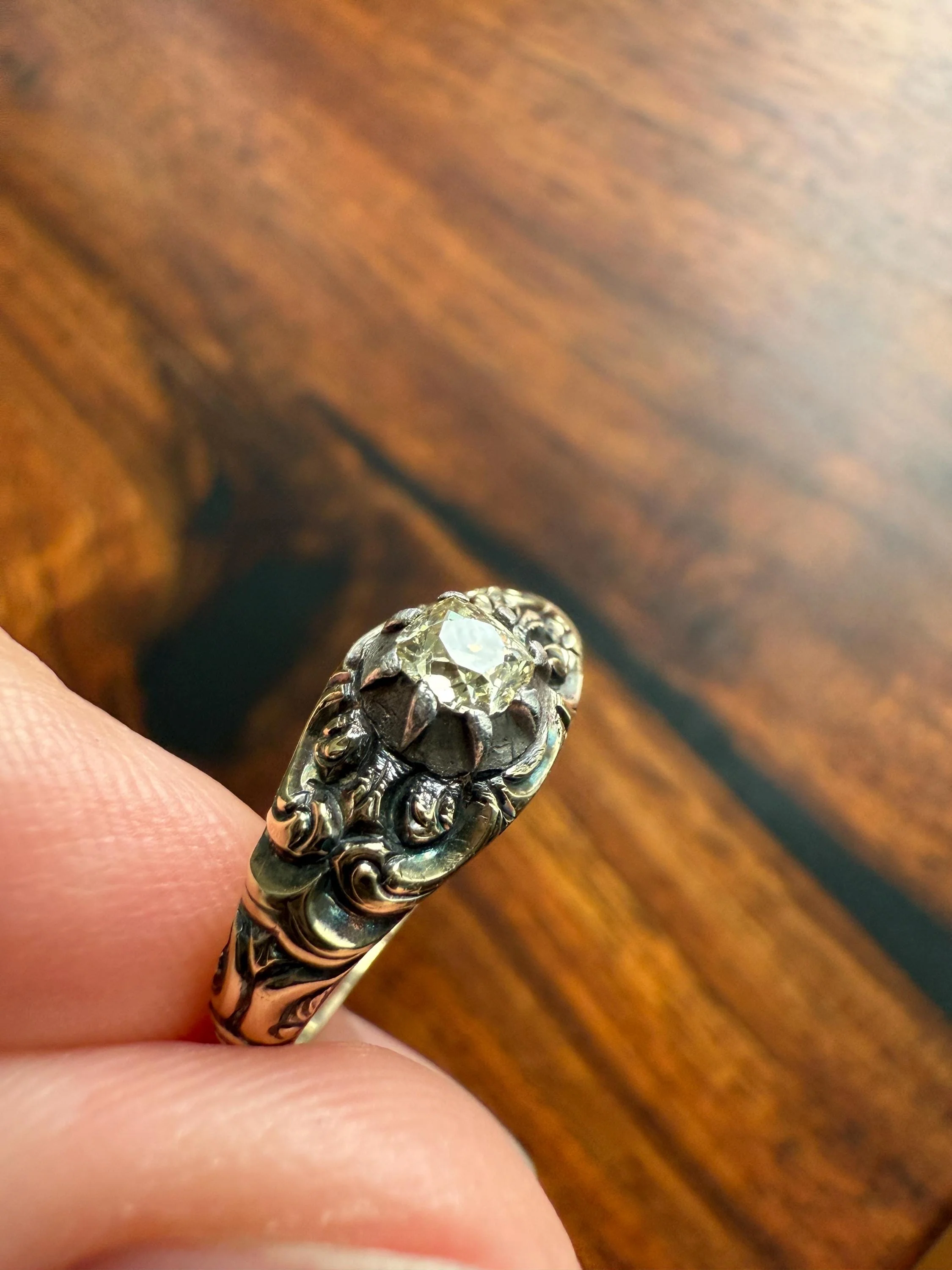 Antique Old Mine Cut DIAMOND Swirl Embossed Georgian ANTIQUE Ring Warm Pale Yellow Stone 14k Gold Silver Collet Band Stacker Solitaire Gift - Image 10