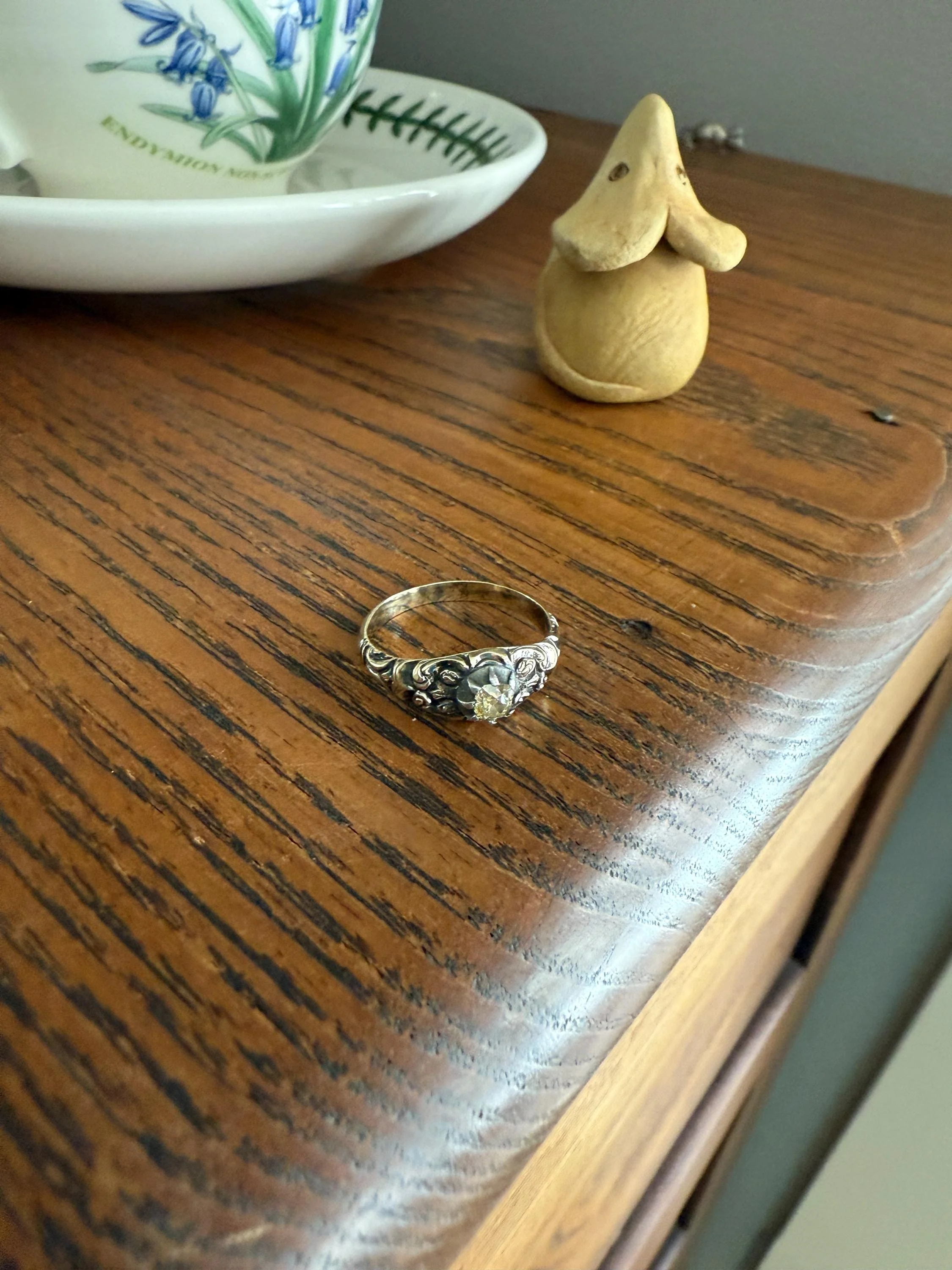 Antique Old Mine Cut DIAMOND Swirl Embossed Georgian ANTIQUE Ring Warm Pale Yellow Stone 14k Gold Silver Collet Band Stacker Solitaire Gift - Image 12
