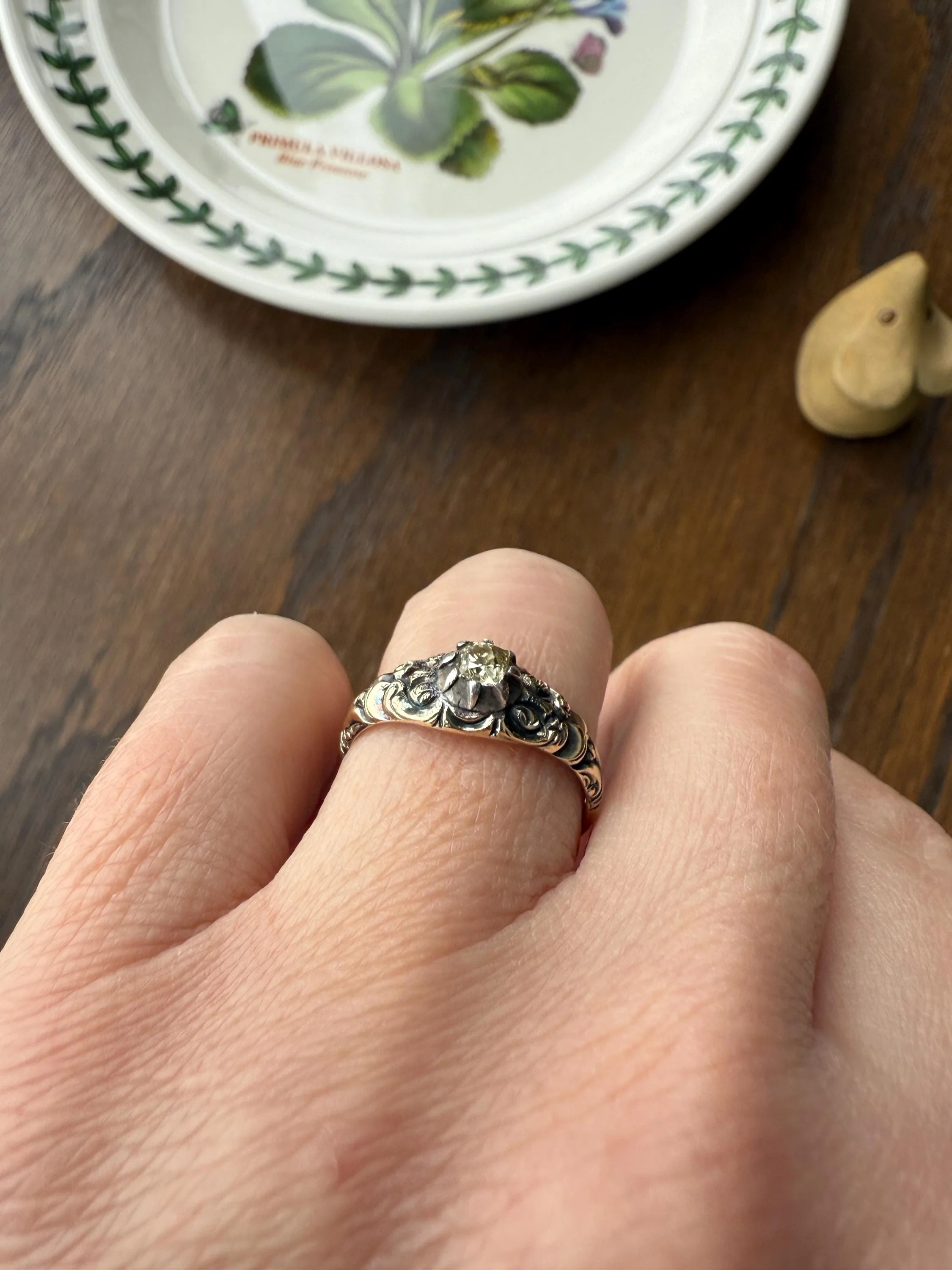 Antique Old Mine Cut DIAMOND Swirl Embossed Georgian ANTIQUE Ring Warm Pale Yellow Stone 14k Gold Silver Collet Band Stacker Solitaire Gift - Image 13