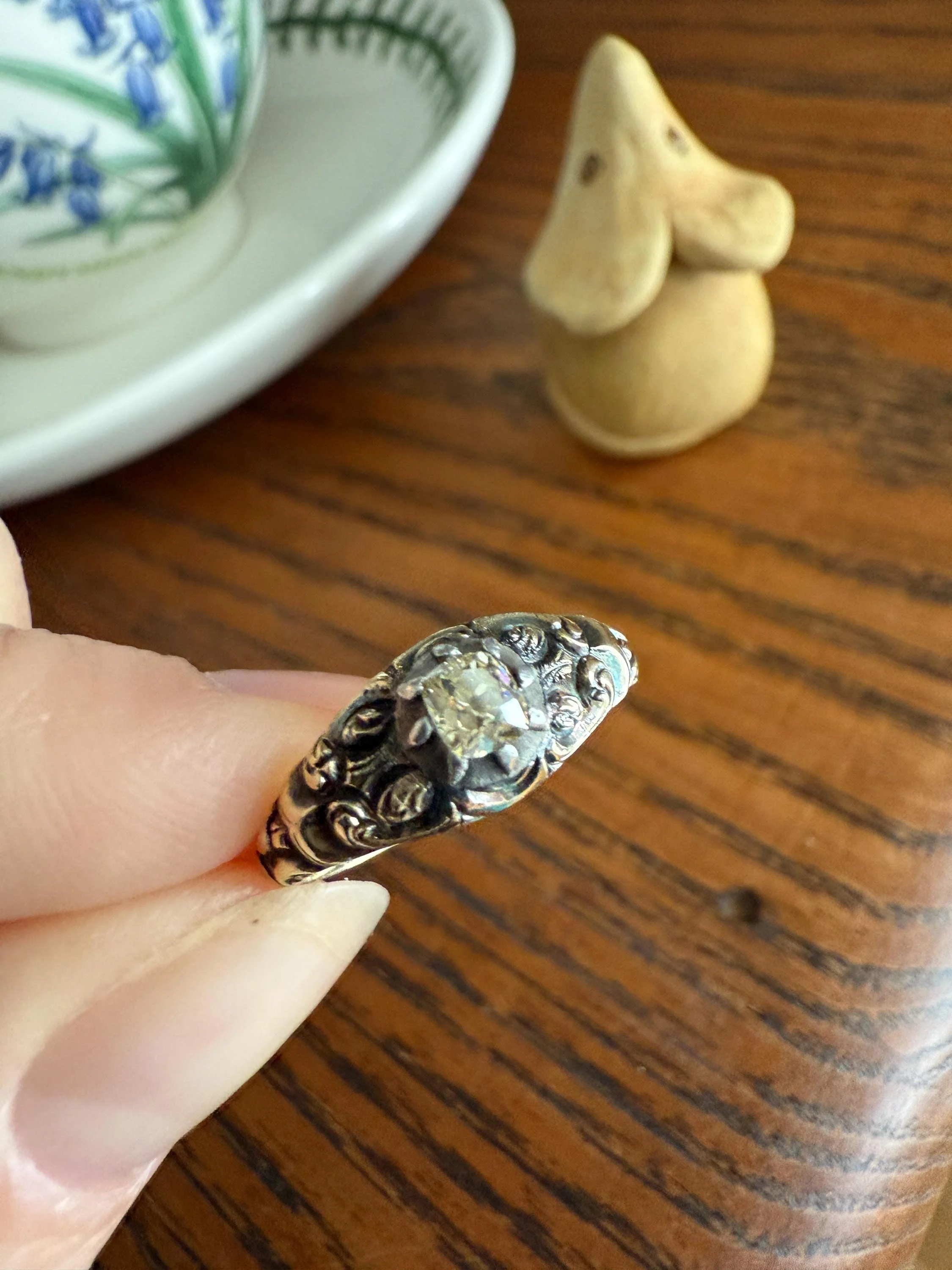 Antique Old Mine Cut DIAMOND Swirl Embossed Georgian ANTIQUE Ring Warm Pale Yellow Stone 14k Gold Silver Collet Band Stacker Solitaire Gift - Image 16