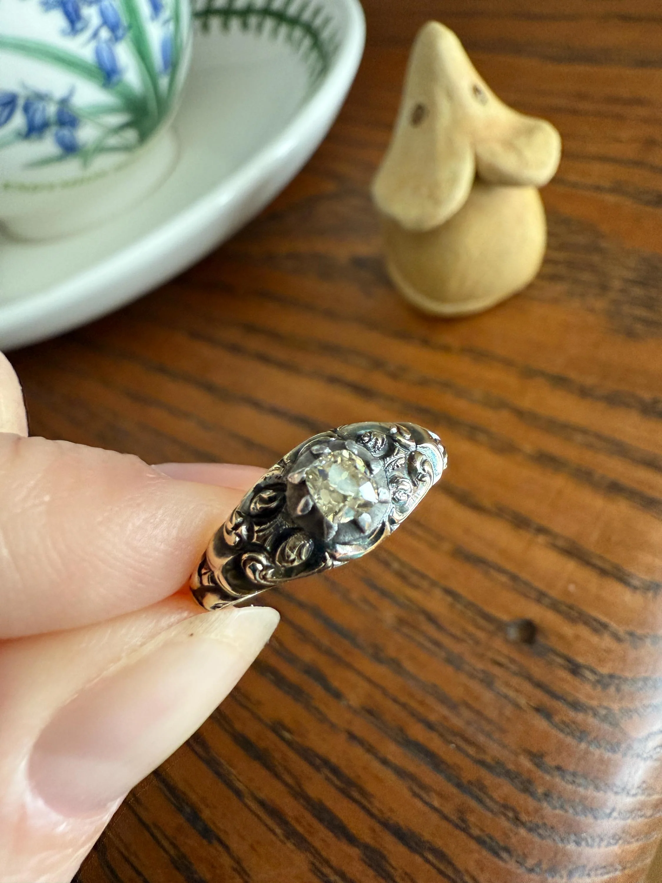 Antique Old Mine Cut DIAMOND Swirl Embossed Georgian ANTIQUE Ring Warm Pale Yellow Stone 14k Gold Silver Collet Band Stacker Solitaire Gift - Image 17