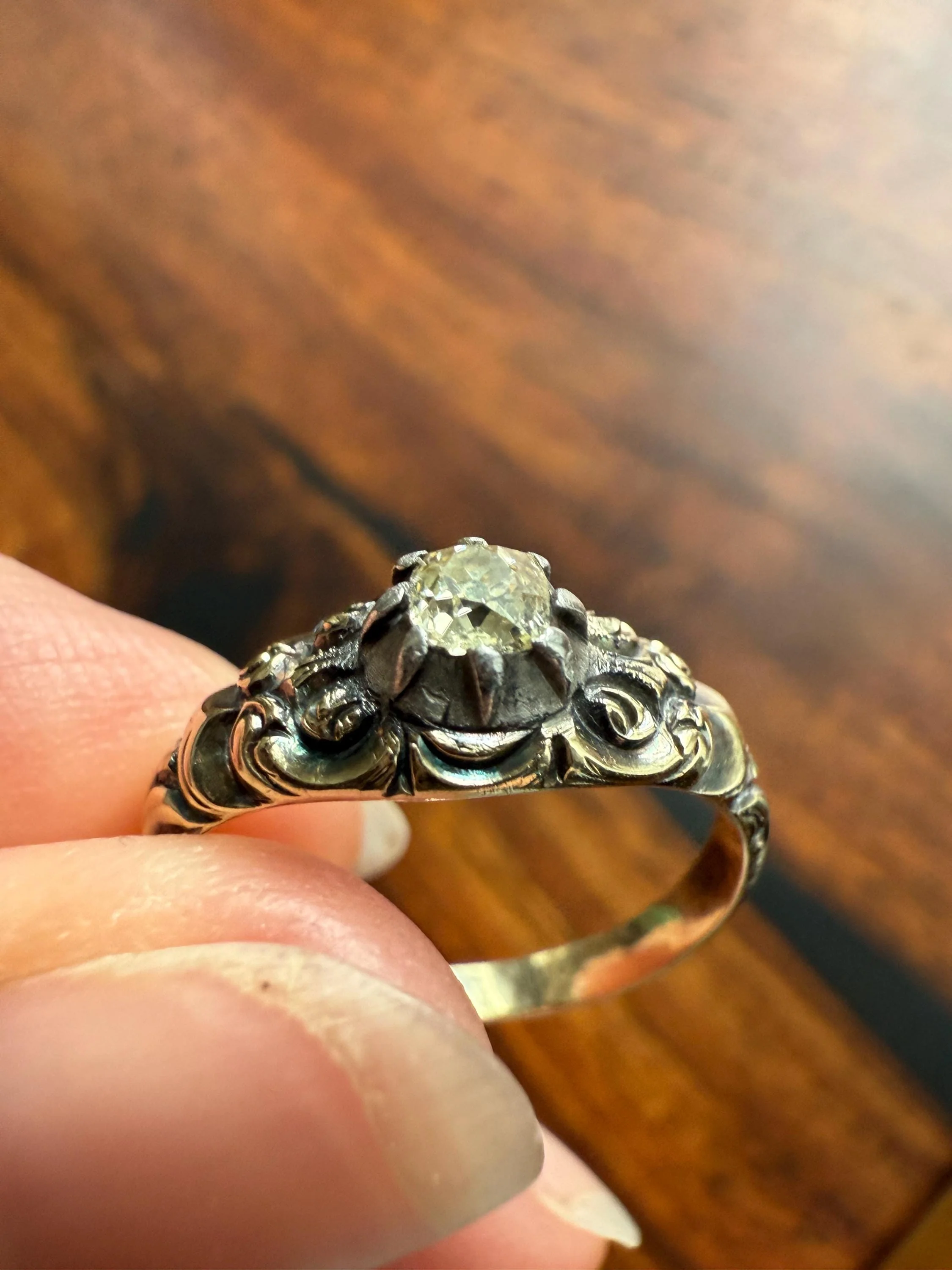 Antique Old Mine Cut DIAMOND Swirl Embossed Georgian ANTIQUE Ring Warm Pale Yellow Stone 14k Gold Silver Collet Band Stacker Solitaire Gift - Image 2