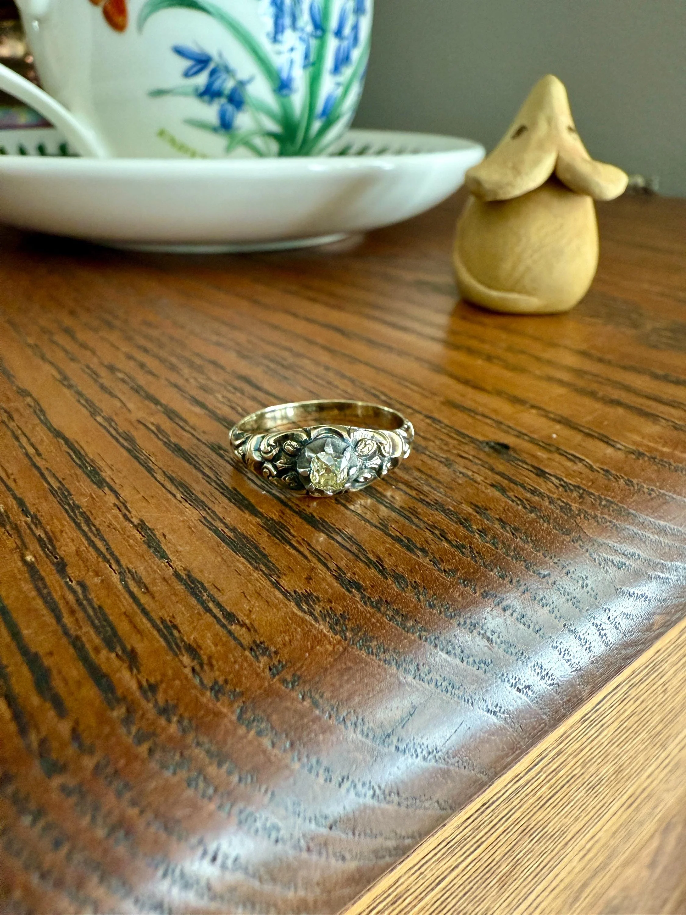 Antique Old Mine Cut DIAMOND Swirl Embossed Georgian ANTIQUE Ring Warm Pale Yellow Stone 14k Gold Silver Collet Band Stacker Solitaire Gift - Image 21