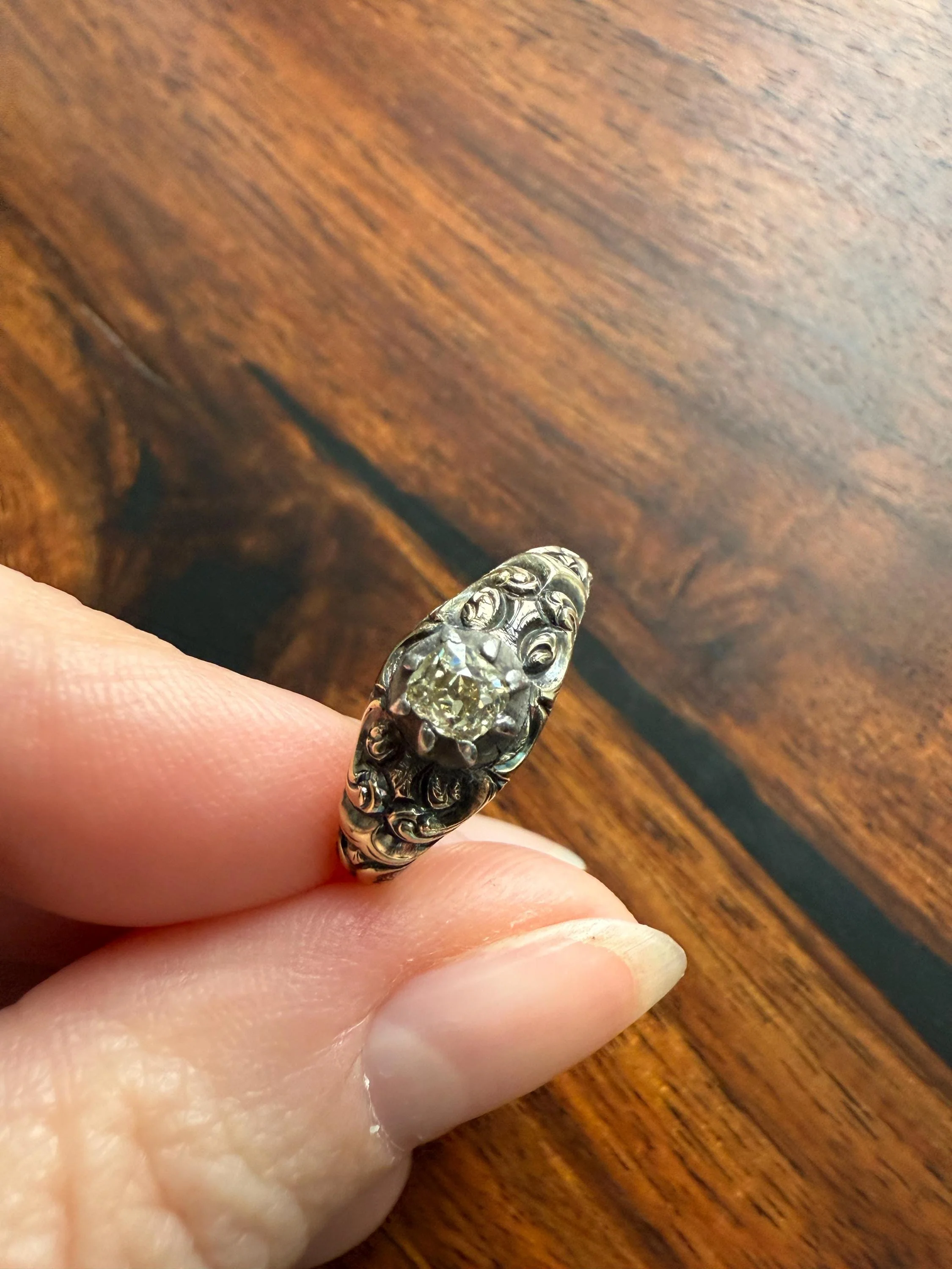 Antique Old Mine Cut DIAMOND Swirl Embossed Georgian ANTIQUE Ring Warm Pale Yellow Stone 14k Gold Silver Collet Band Stacker Solitaire Gift - Image 3
