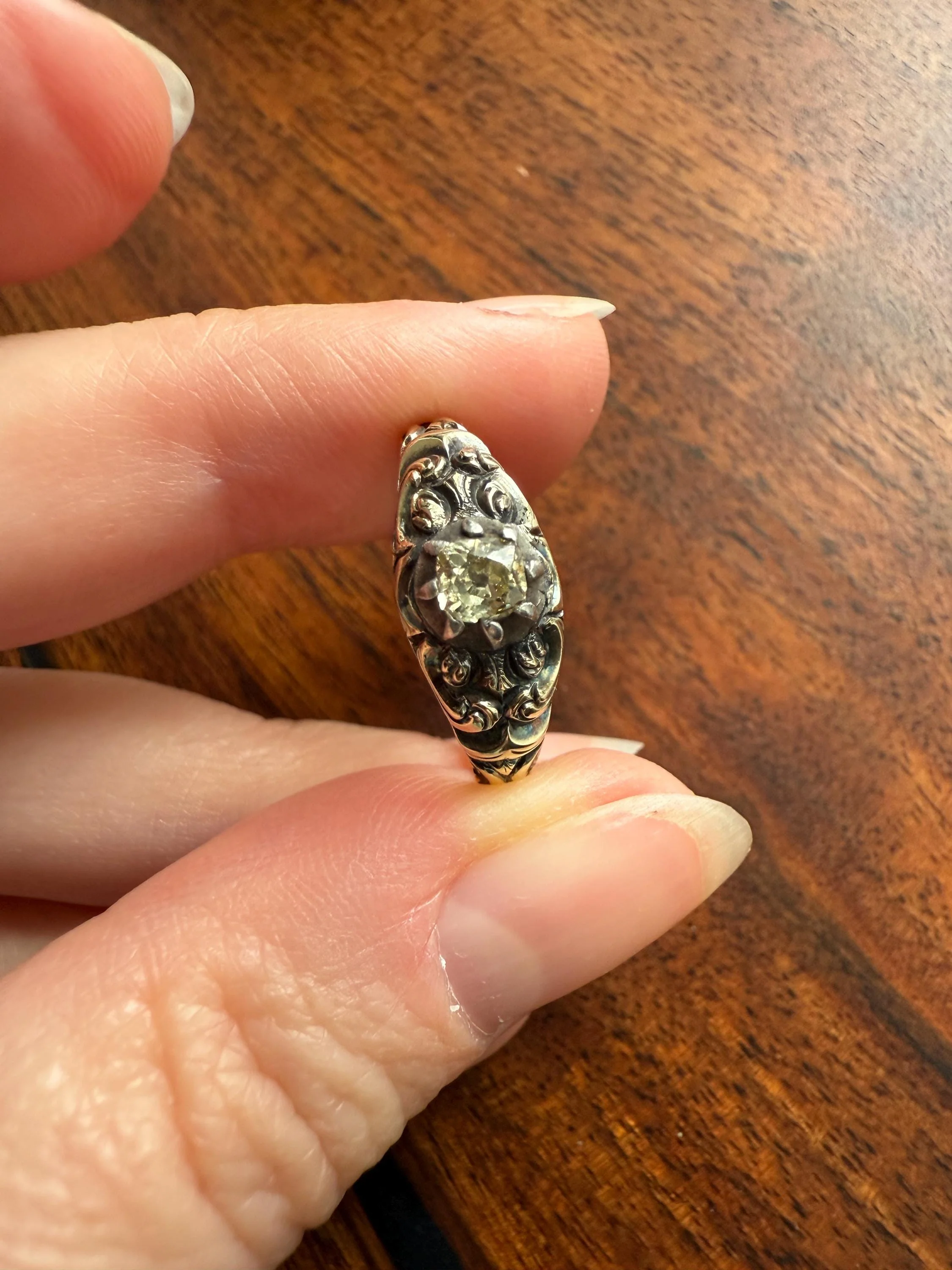 Antique Old Mine Cut DIAMOND Swirl Embossed Georgian ANTIQUE Ring Warm Pale Yellow Stone 14k Gold Silver Collet Band Stacker Solitaire Gift - Image 4